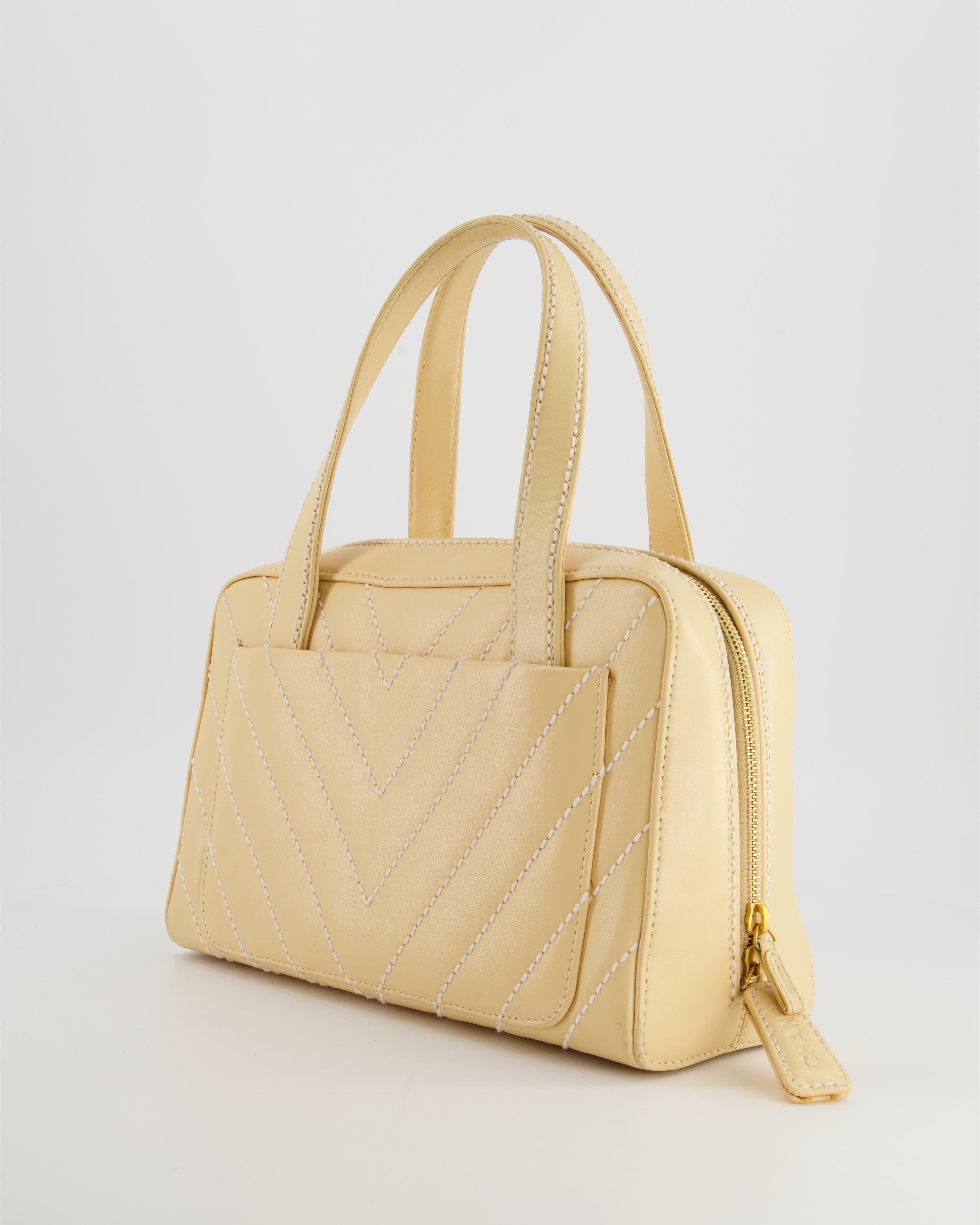 Chanel Pastel Yellow Bowling Bag in Calfskin Leather with Brushed Gold Hardware