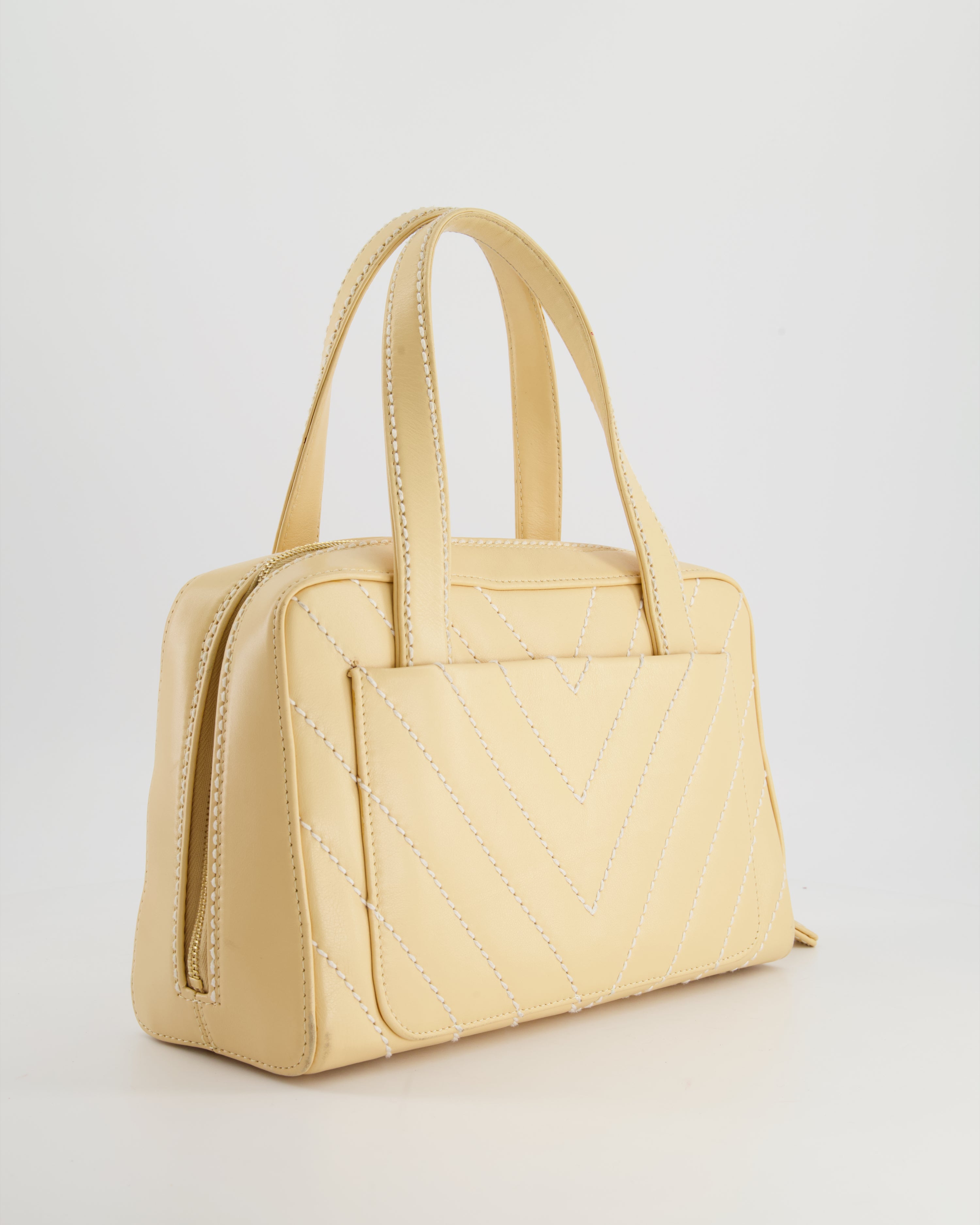 Chanel Pastel Yellow Bowling Bag in Calfskin Leather with Brushed Gold Hardware