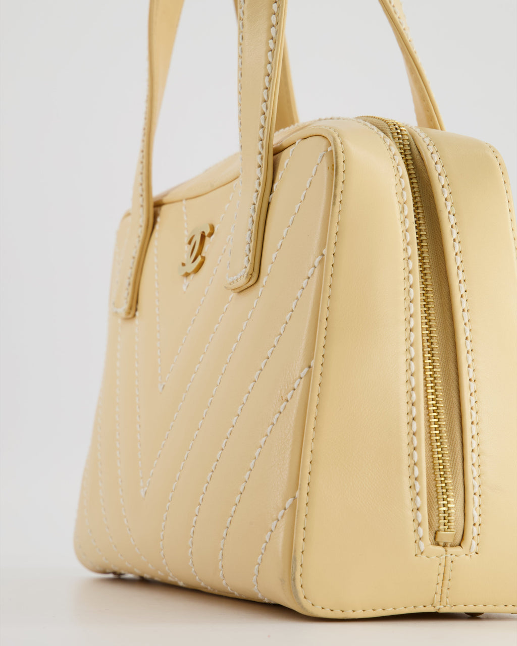Chanel Pastel Yellow Bowling Bag in Calfskin Leather with Brushed Gold Hardware