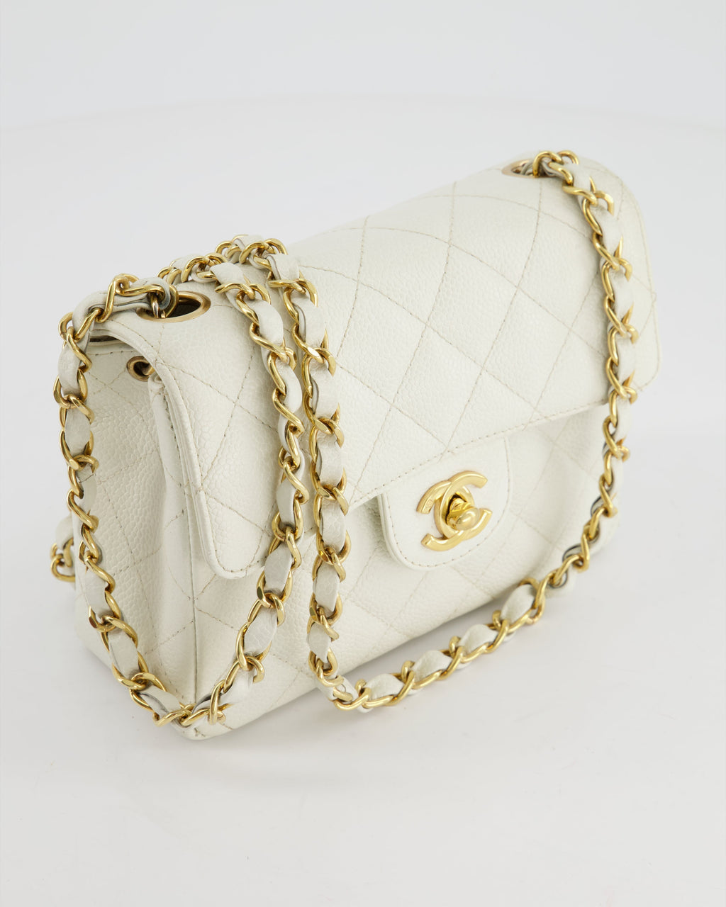 Chanel Vintage White Caviar Mini Square Flap Bag with 24K Gold Hardware