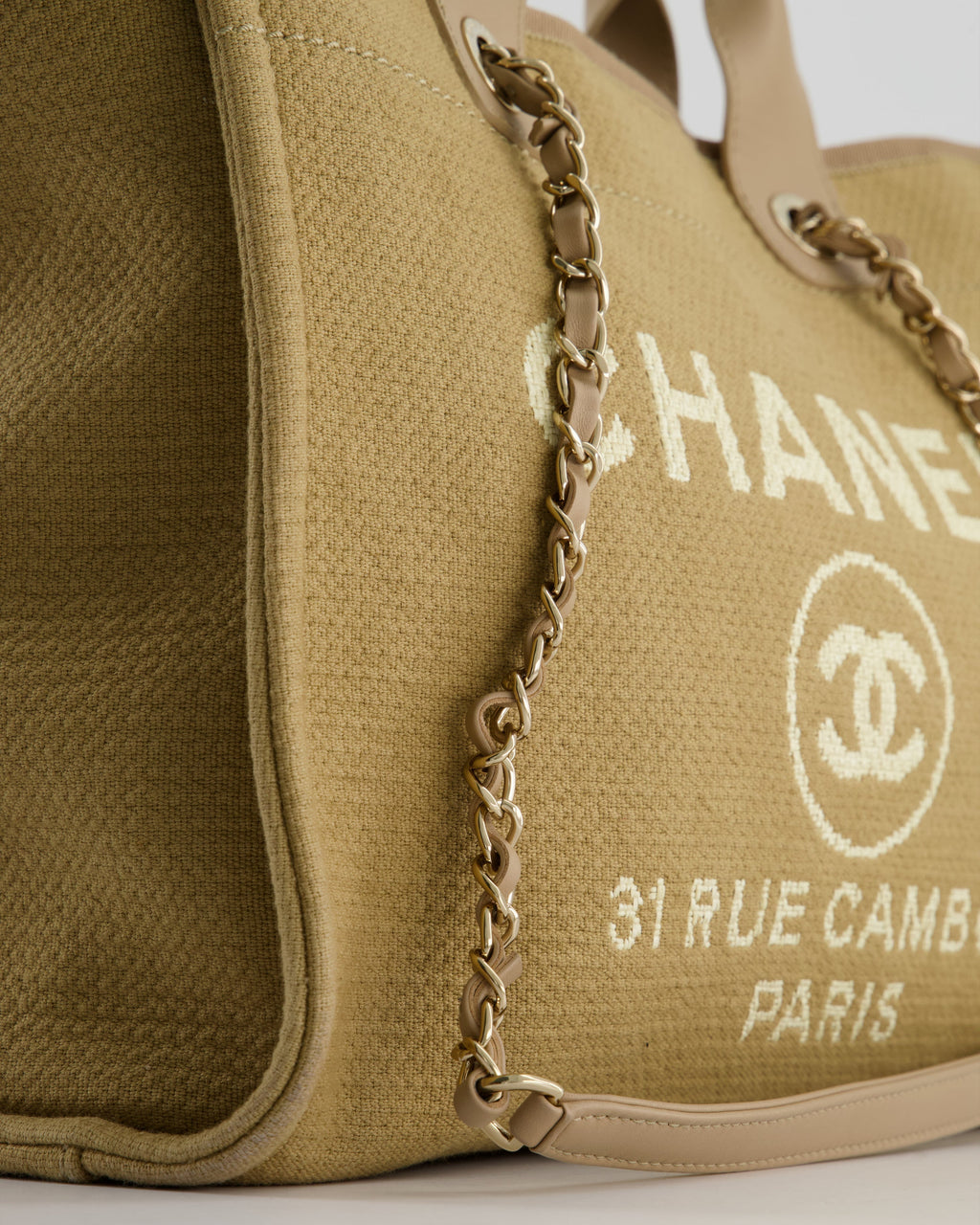 Chanel Dark Beige Canvas Small Deauville Tote Bag with CC Logo Print and Champagne Gold Hardware