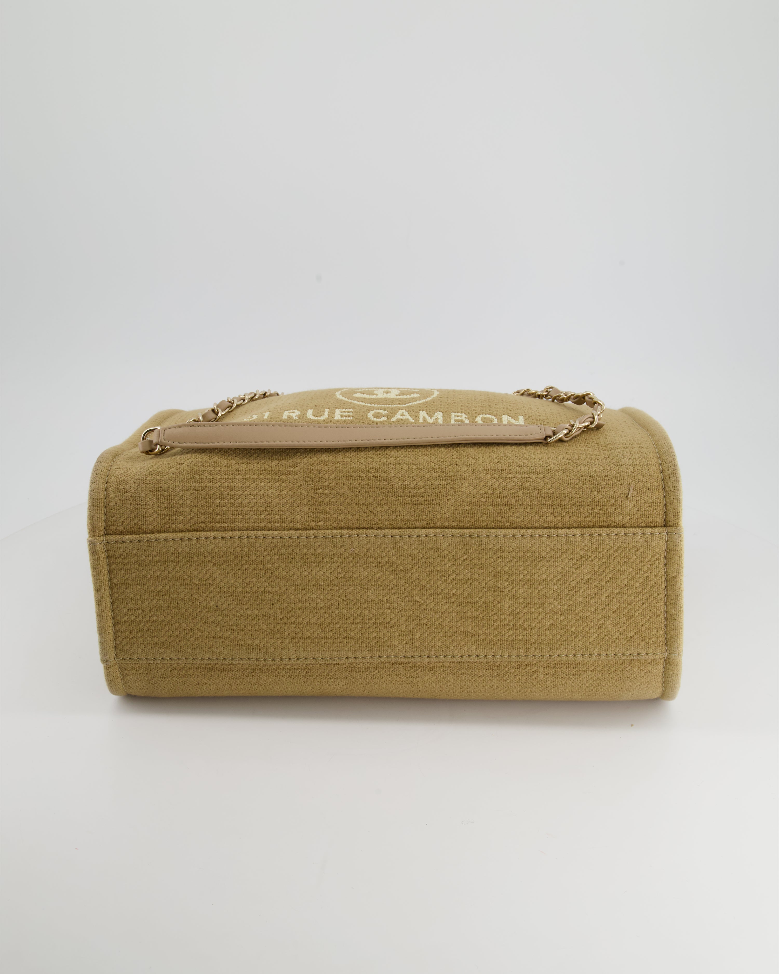 Chanel Dark Beige Canvas Small Deauville Tote Bag with CC Logo Print and Champagne Gold Hardware