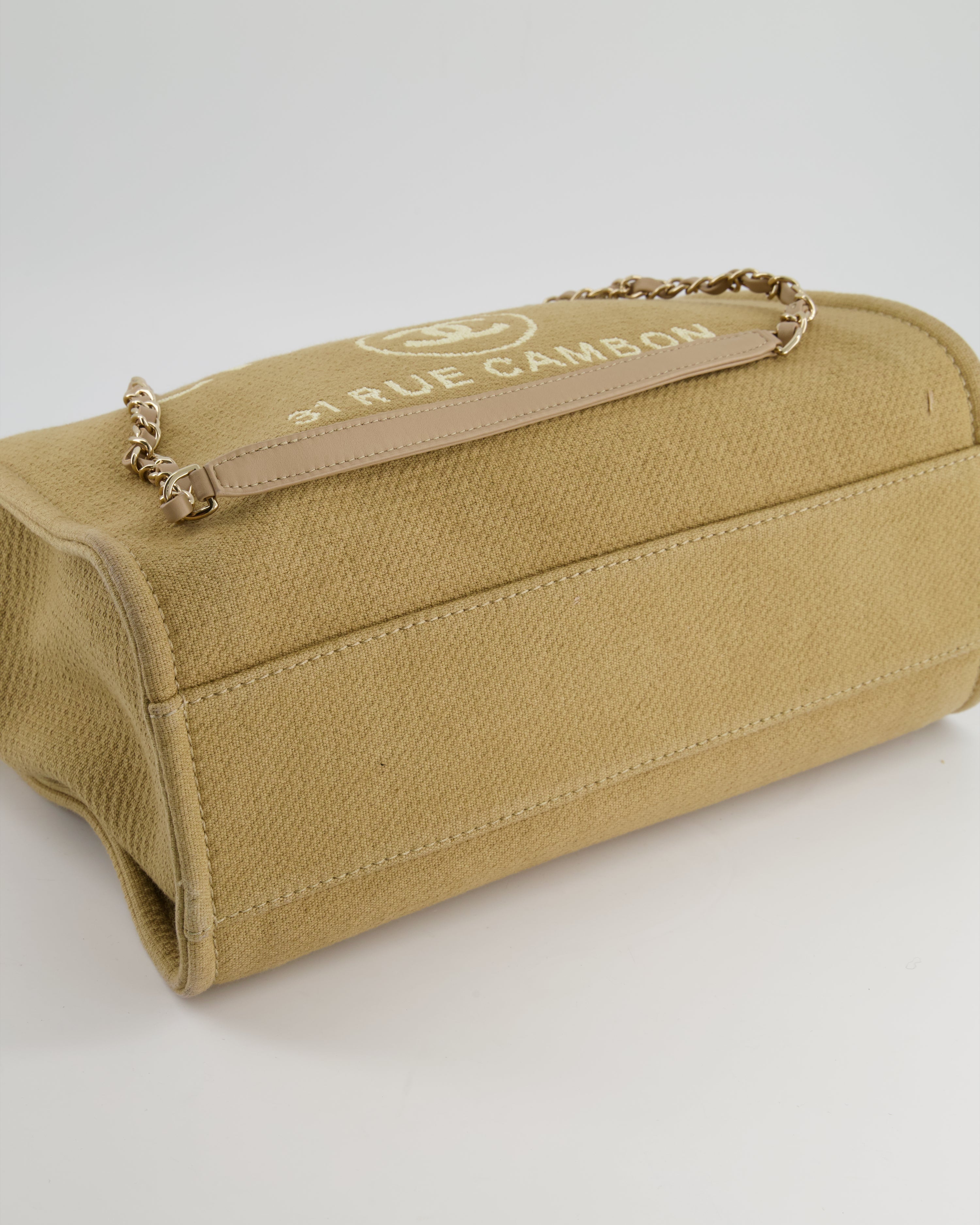 Chanel Dark Beige Canvas Small Deauville Tote Bag with CC Logo Print and Champagne Gold Hardware