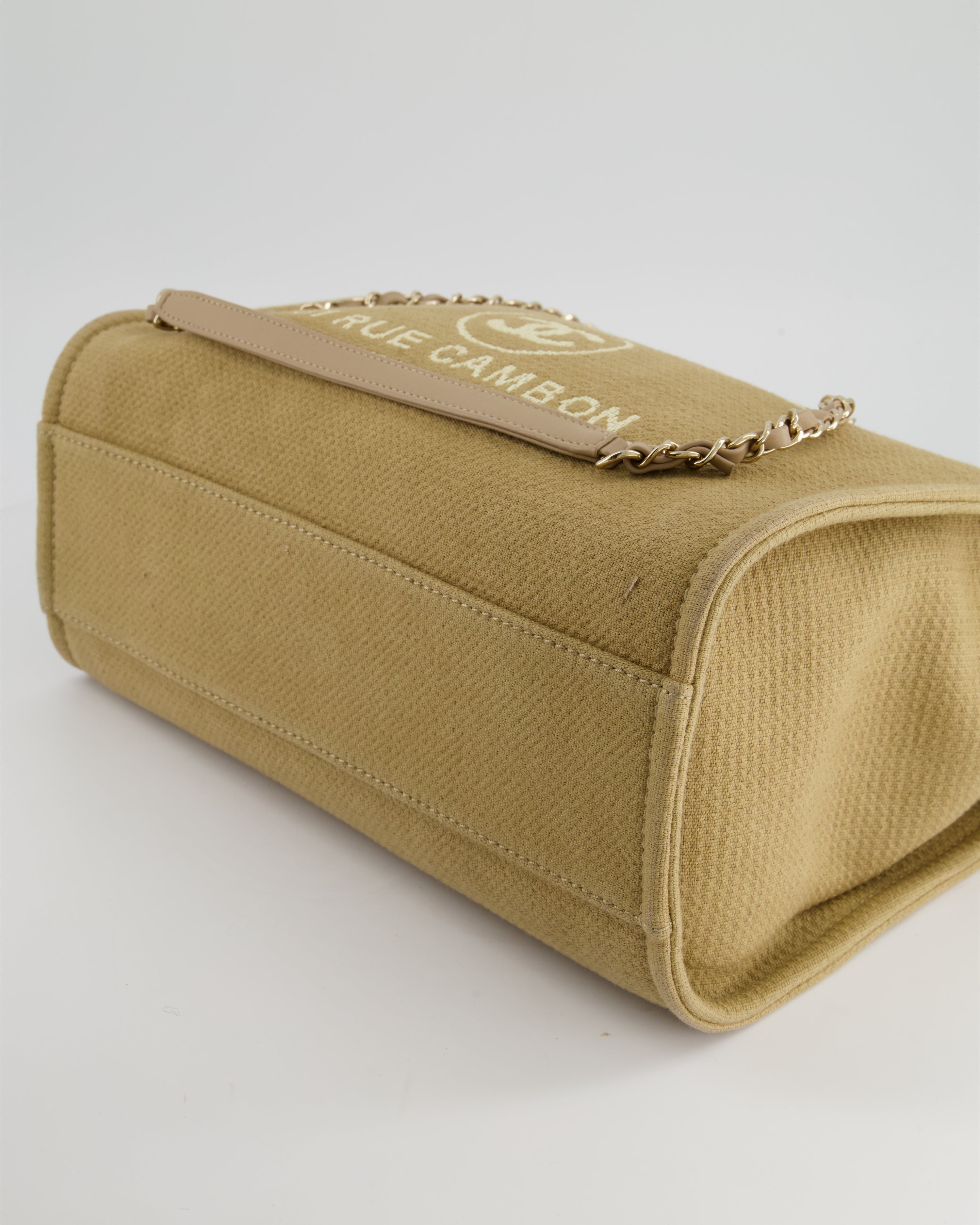 Chanel Dark Beige Canvas Small Deauville Tote Bag with CC Logo Print and Champagne Gold Hardware