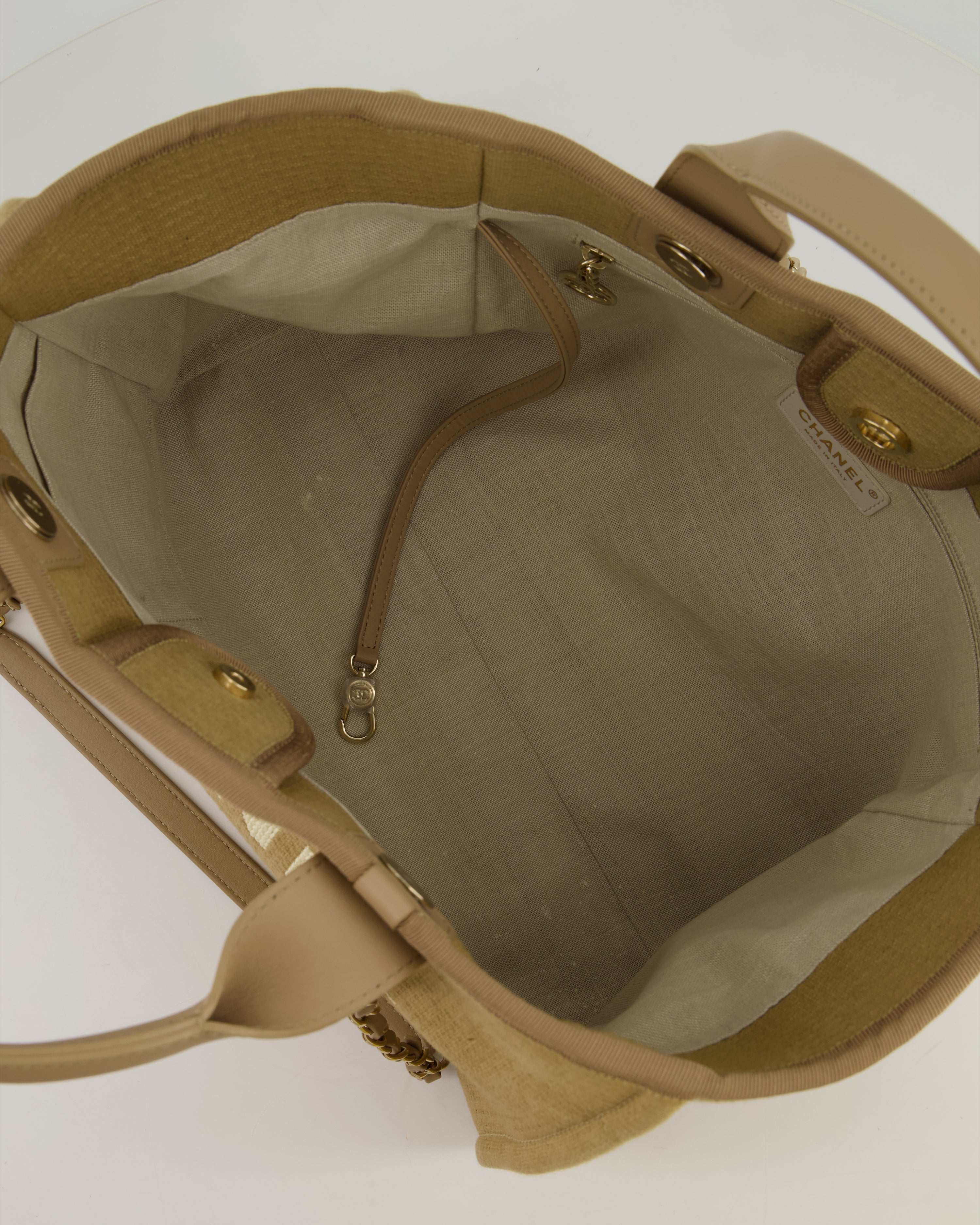 Chanel Dark Beige Canvas Small Deauville Tote Bag with CC Logo Print and Champagne Gold Hardware
