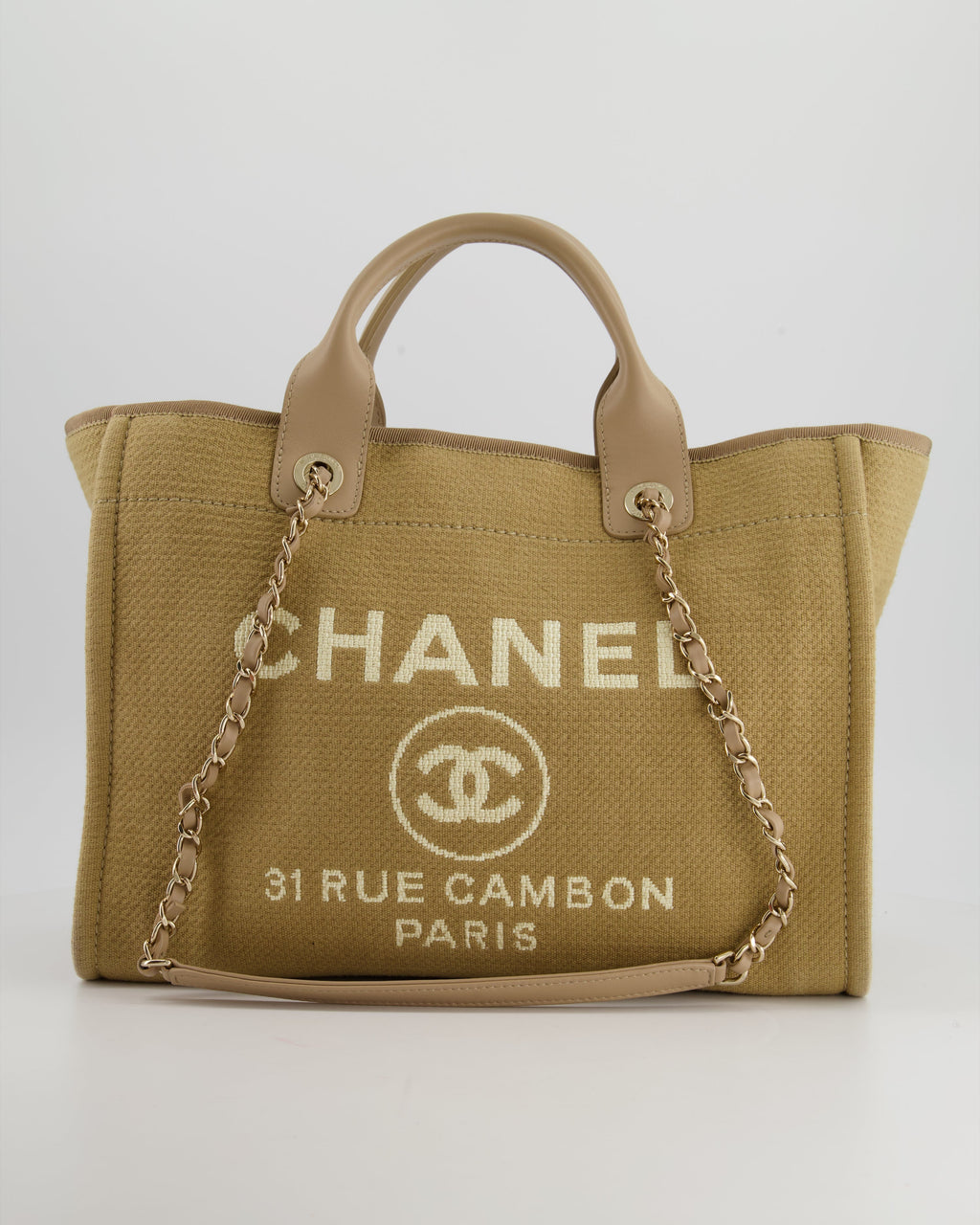 Chanel Dark Beige Canvas Small Deauville Tote Bag with CC Logo Print and Champagne Gold Hardware