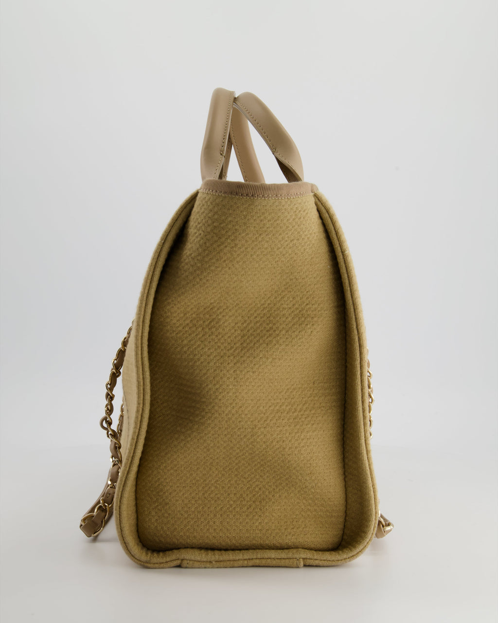 Chanel Dark Beige Canvas Small Deauville Tote Bag with CC Logo Print and Champagne Gold Hardware