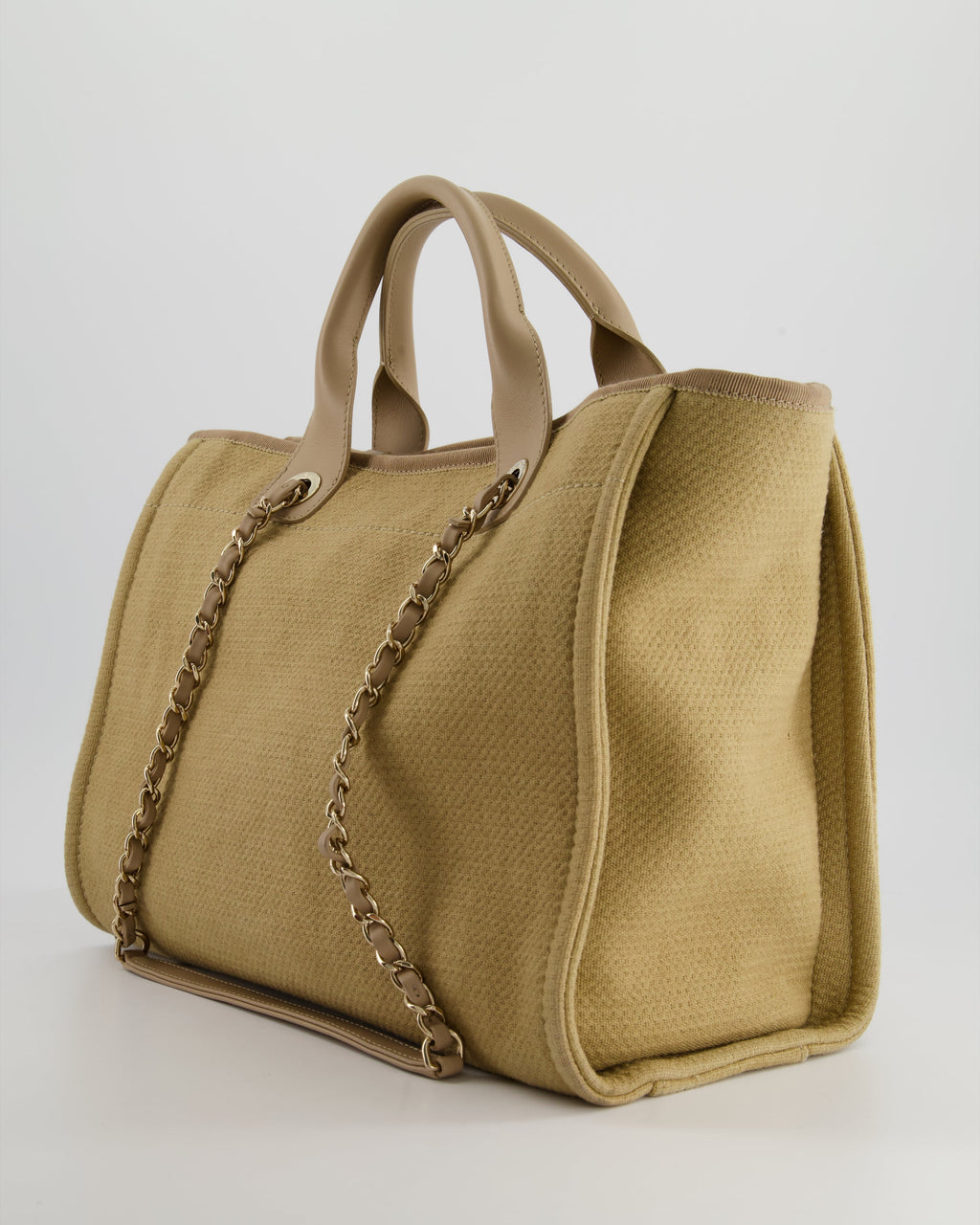 Chanel Dark Beige Canvas Small Deauville Tote Bag with CC Logo Print and Champagne Gold Hardware