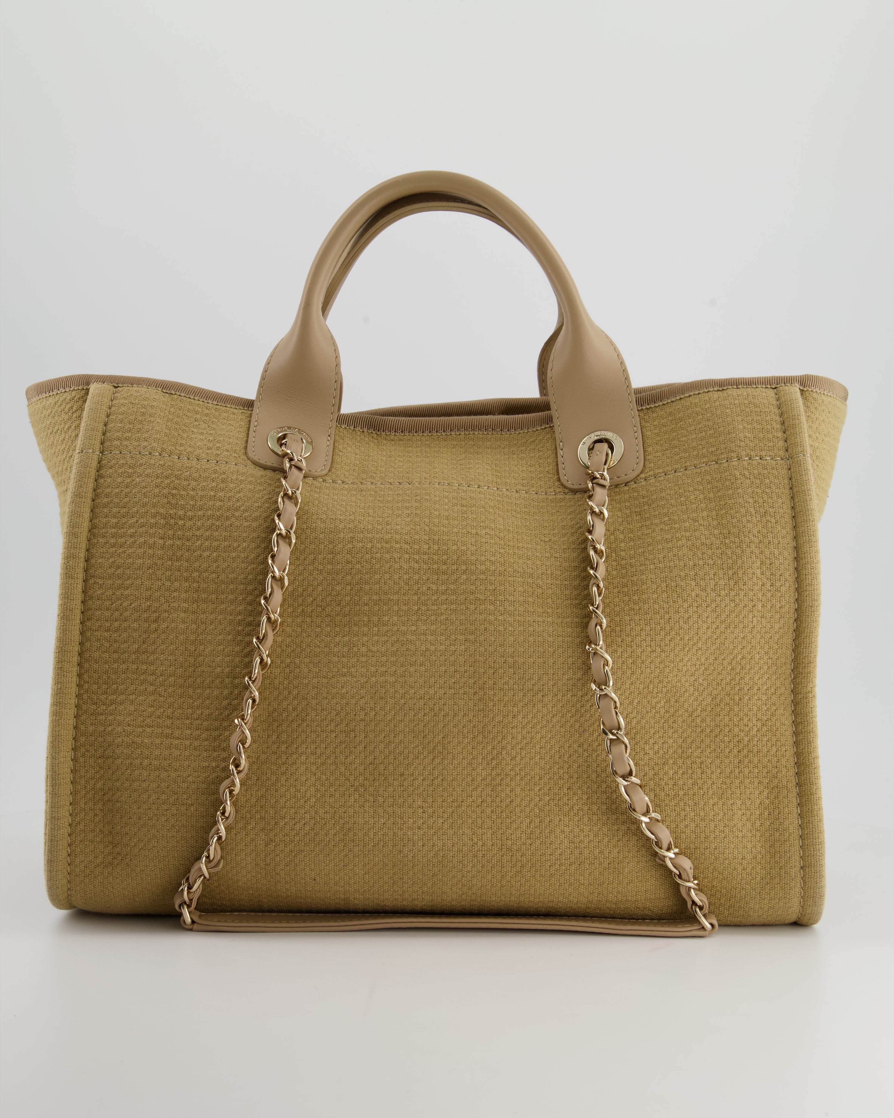 Chanel Dark Beige Canvas Small Deauville Tote Bag with CC Logo Print and Champagne Gold Hardware