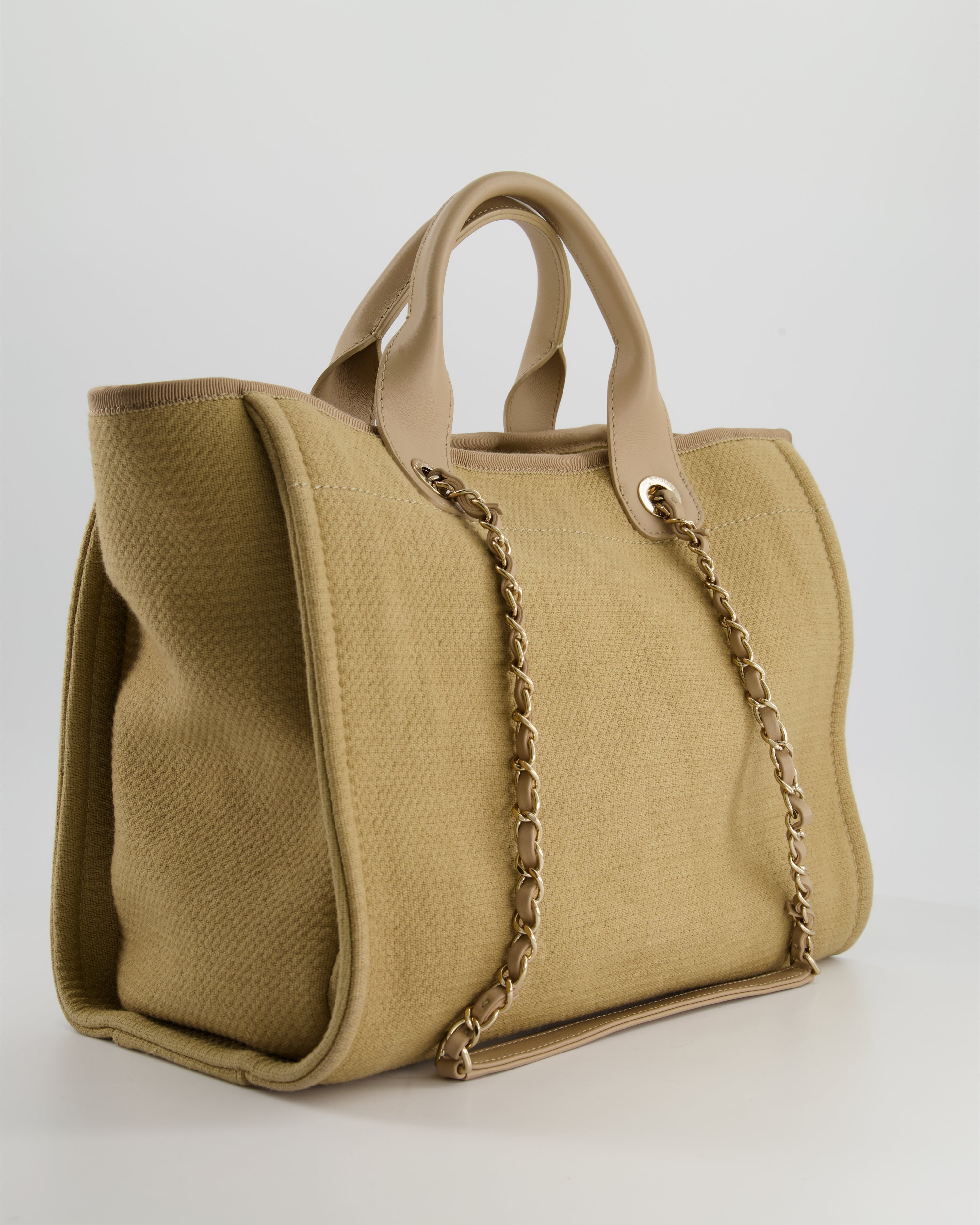 Chanel Dark Beige Canvas Small Deauville Tote Bag with CC Logo Print and Champagne Gold Hardware