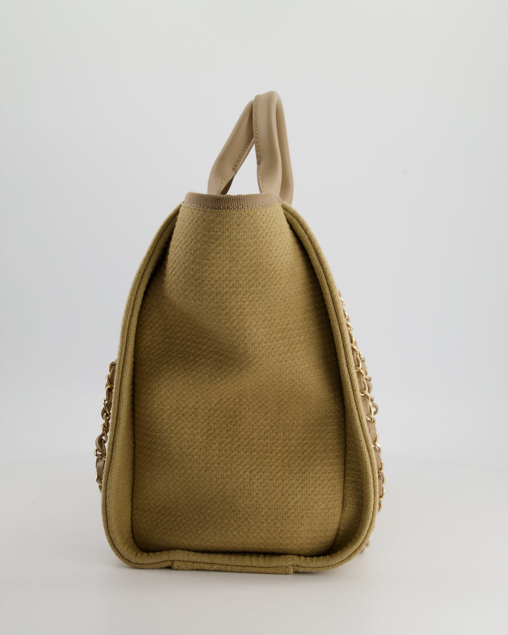 Chanel Dark Beige Canvas Small Deauville Tote Bag with CC Logo Print and Champagne Gold Hardware