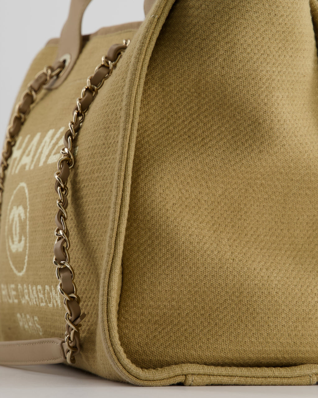 Chanel Dark Beige Canvas Small Deauville Tote Bag with CC Logo Print and Champagne Gold Hardware
