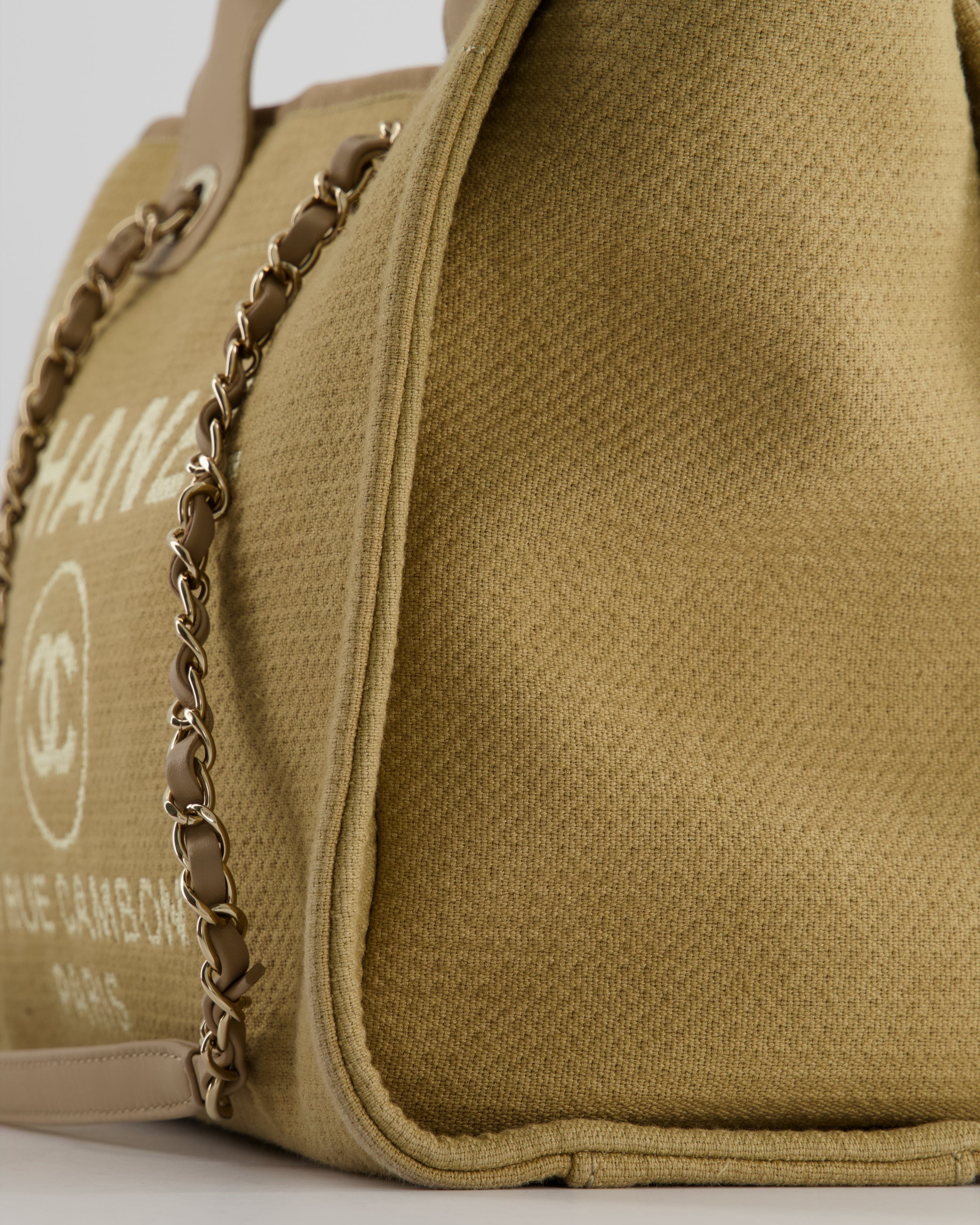 Chanel Dark Beige Canvas Small Deauville Tote Bag with CC Logo Print and Champagne Gold Hardware