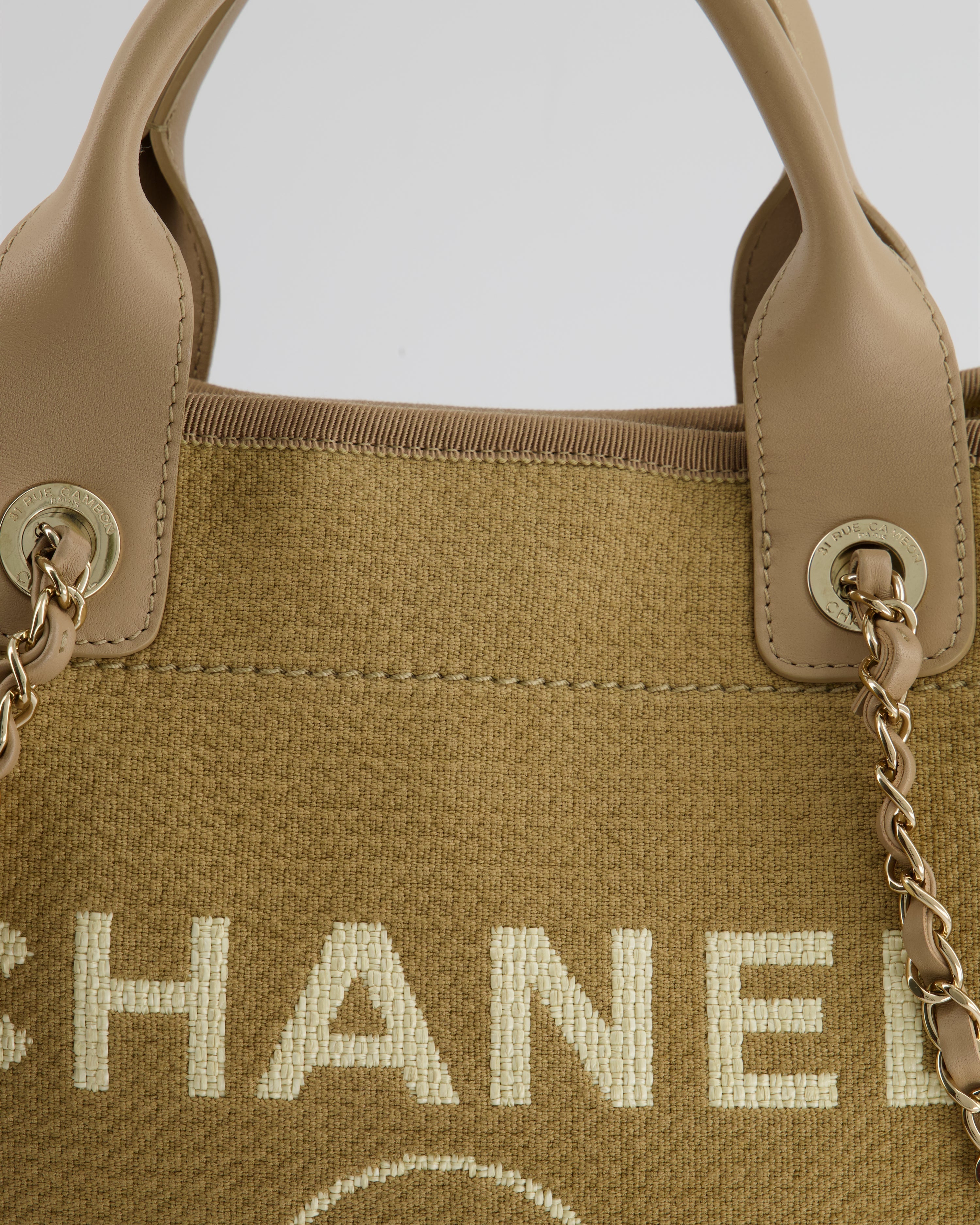 Chanel Dark Beige Canvas Small Deauville Tote Bag with CC Logo Print and Champagne Gold Hardware