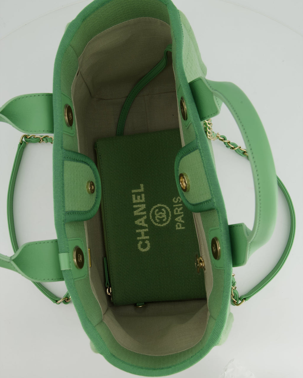 Chanel Pistachio Green Canvas Small Deauville Tote Bag with Champagne Gold Hardware
