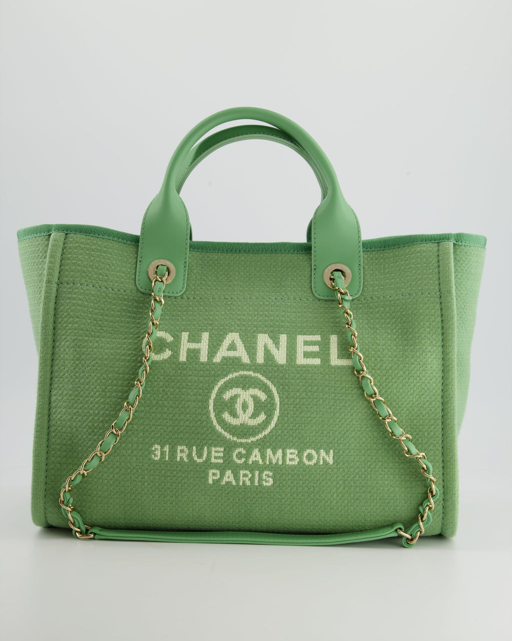 Chanel Pistachio Green Canvas Small Deauville Tote Bag with Champagne Gold Hardware