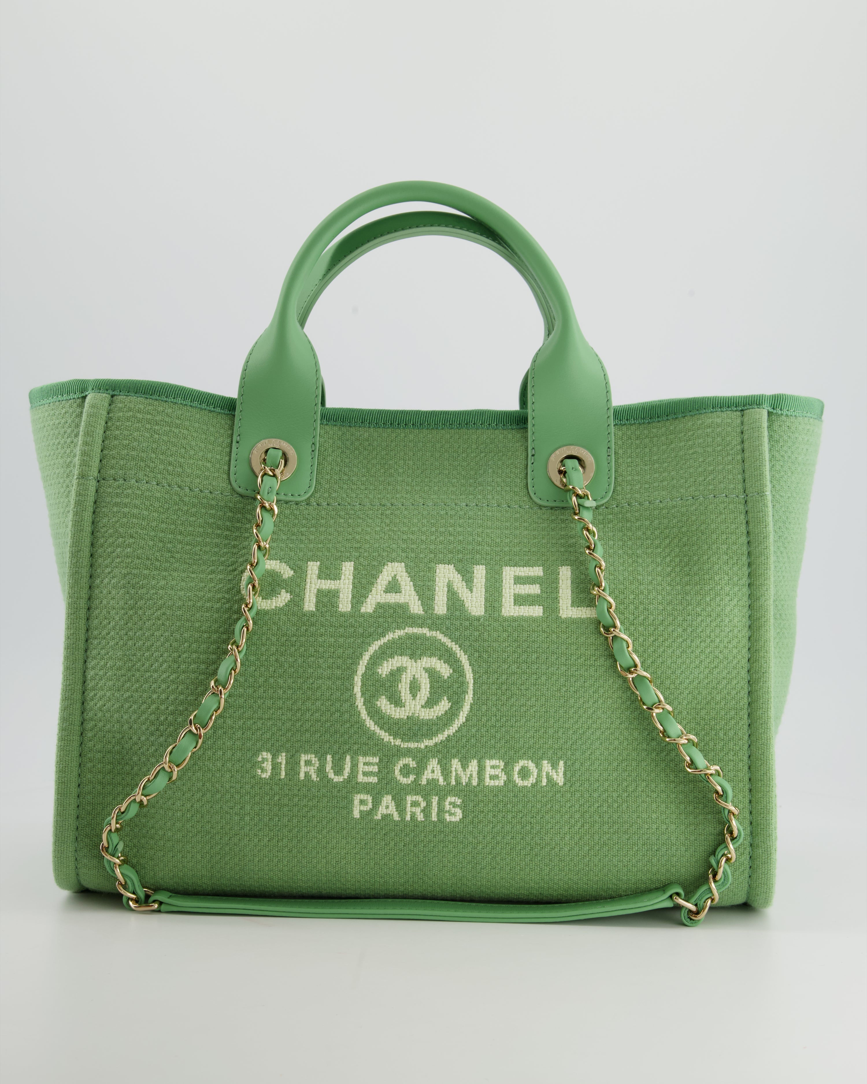 Chanel Pistachio Green Canvas Small Deauville Tote Bag with Champagne Gold Hardware