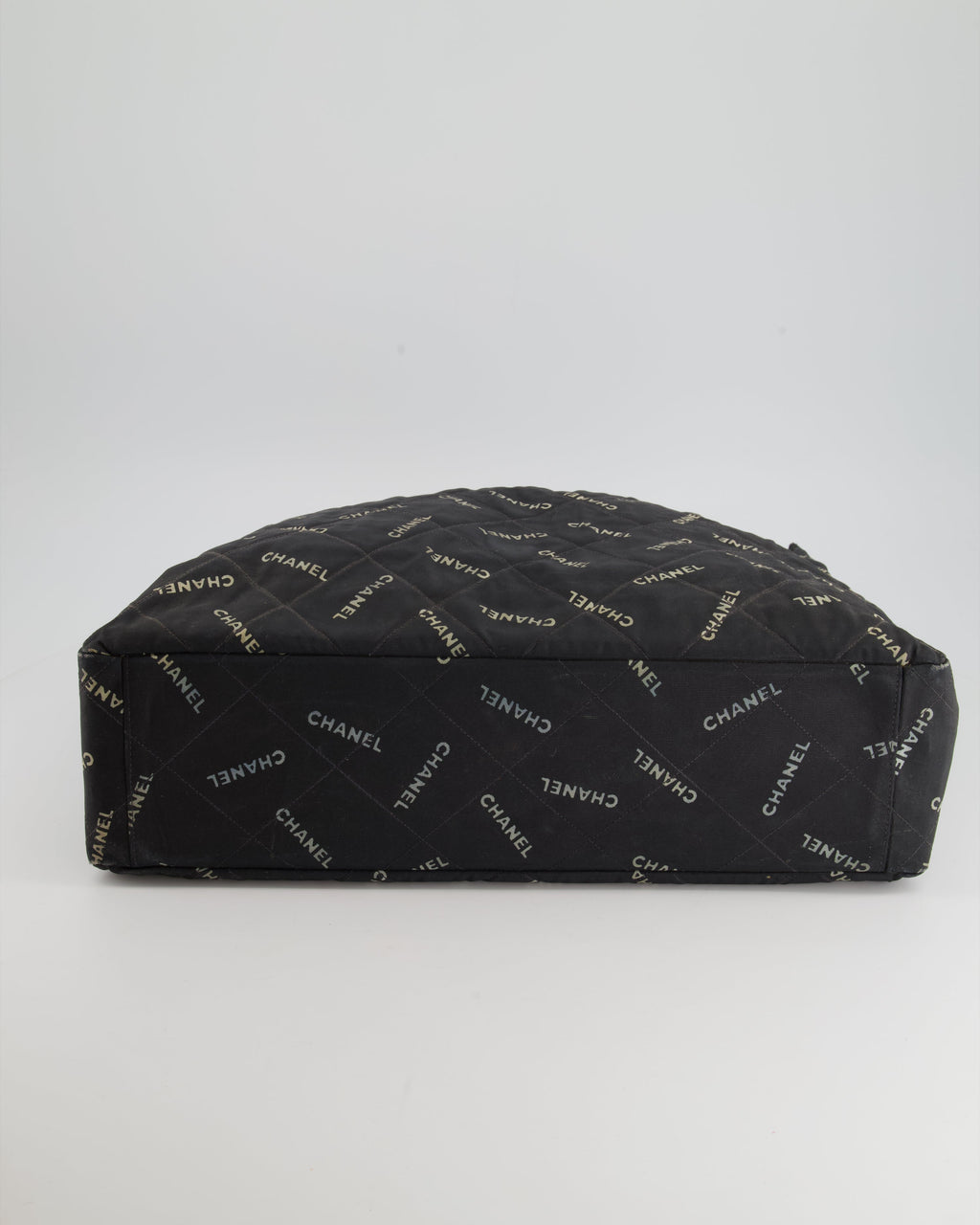 Chanel Vintage Black Bag in Quilted Canvas Logo Print with Gold Hardware
