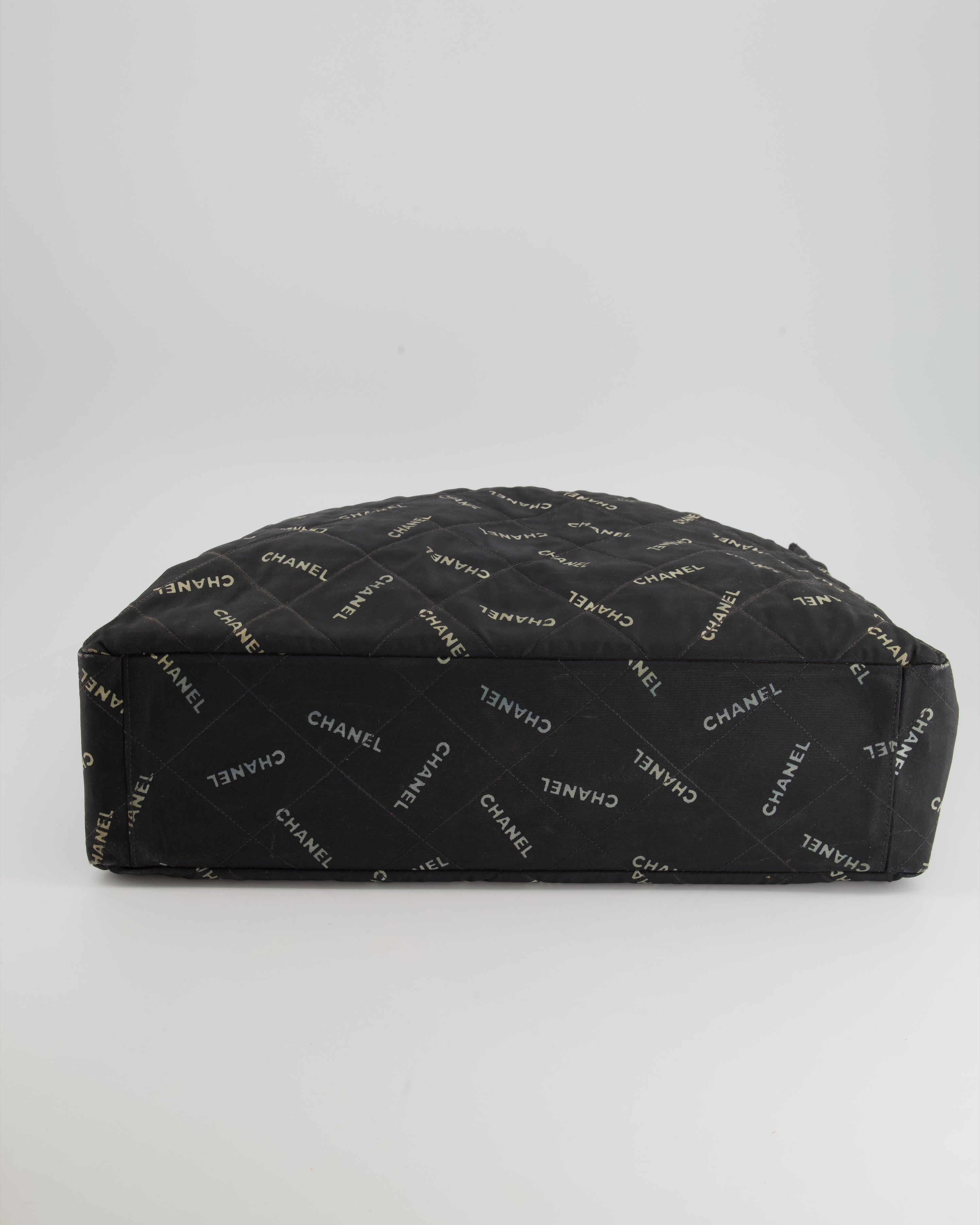 Chanel Vintage Black Bag in Quilted Canvas Logo Print with Gold Hardware