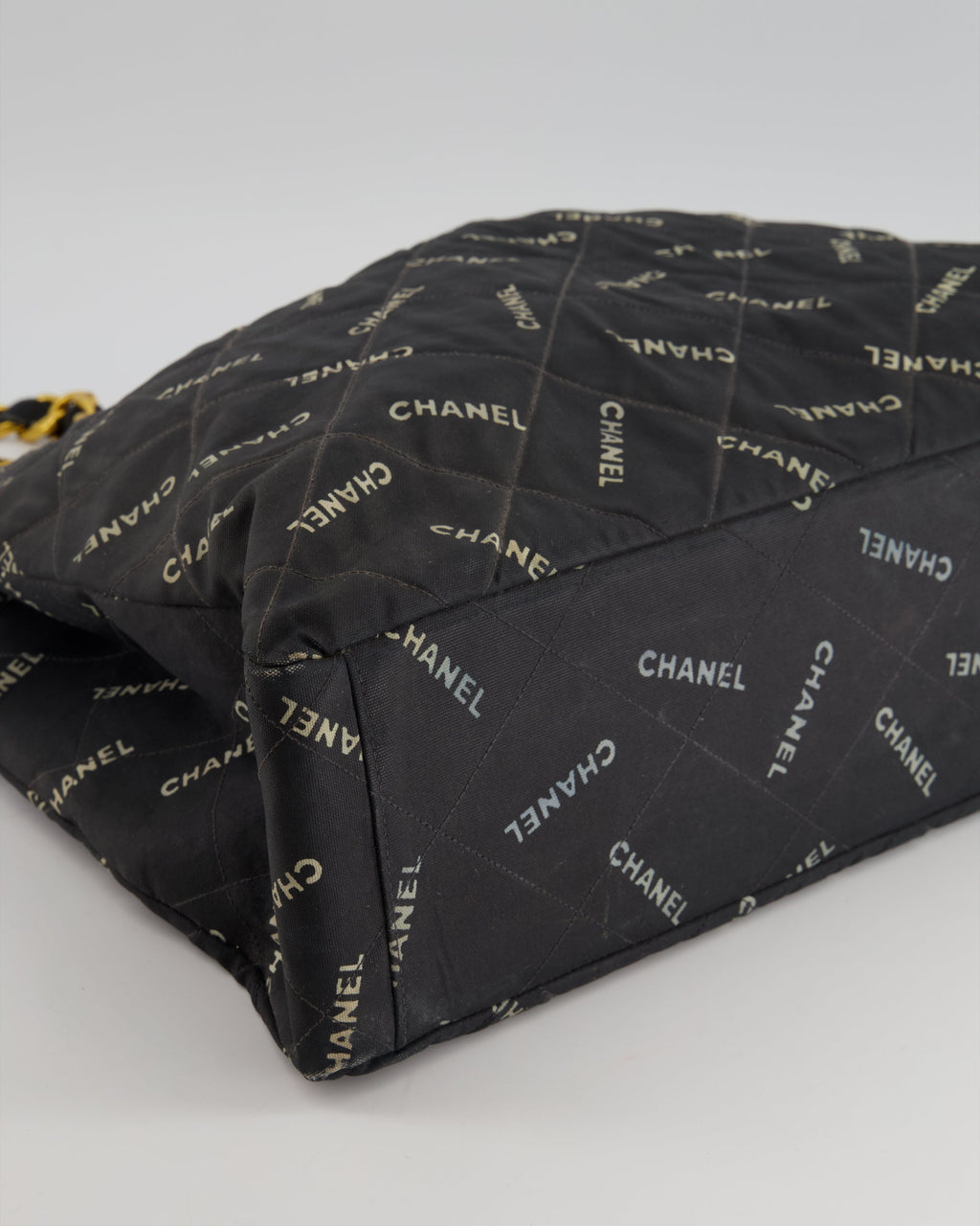 Chanel Vintage Black Bag in Quilted Canvas Logo Print with Gold Hardware