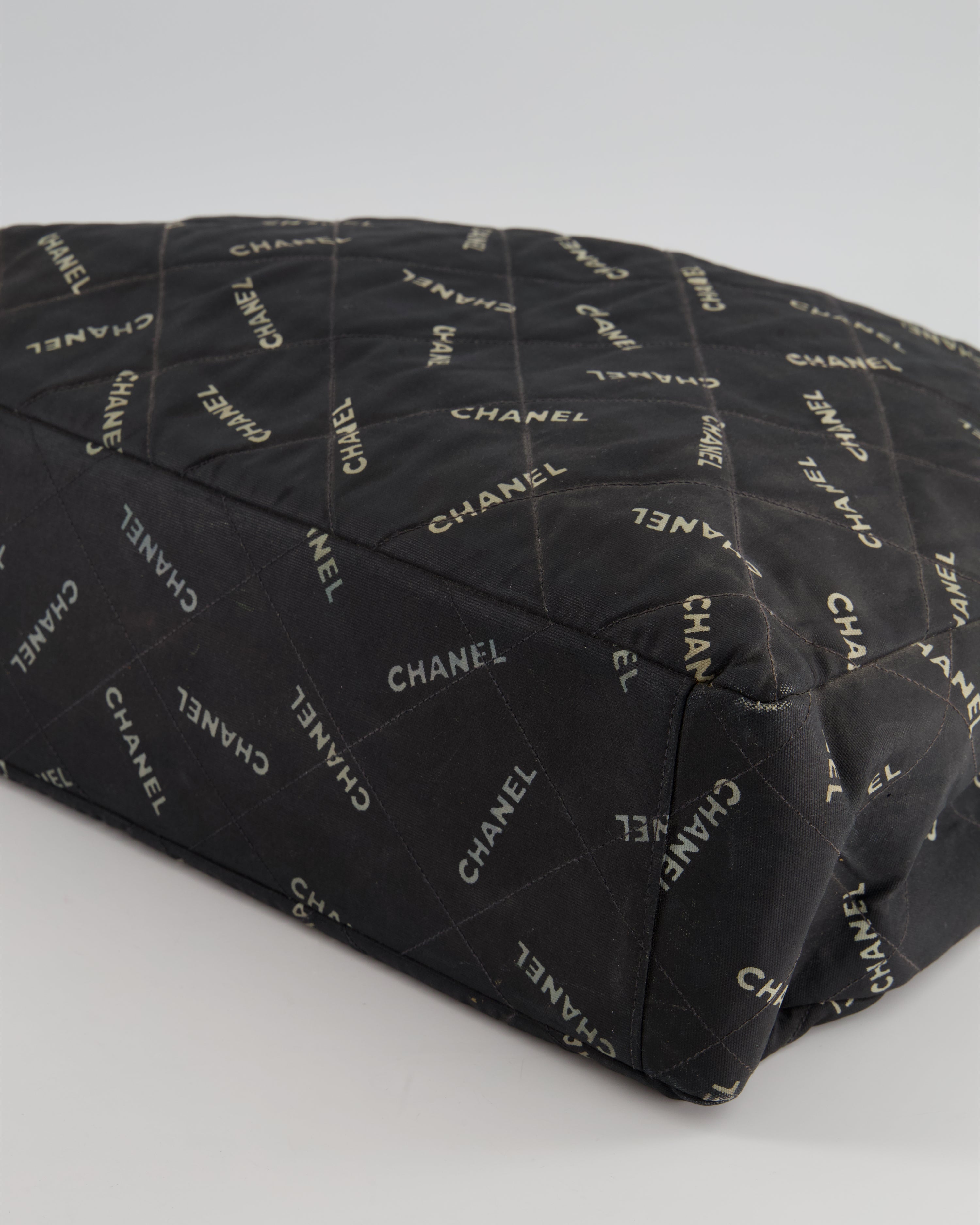 Chanel Vintage Black Bag in Quilted Canvas Logo Print with Gold Hardware