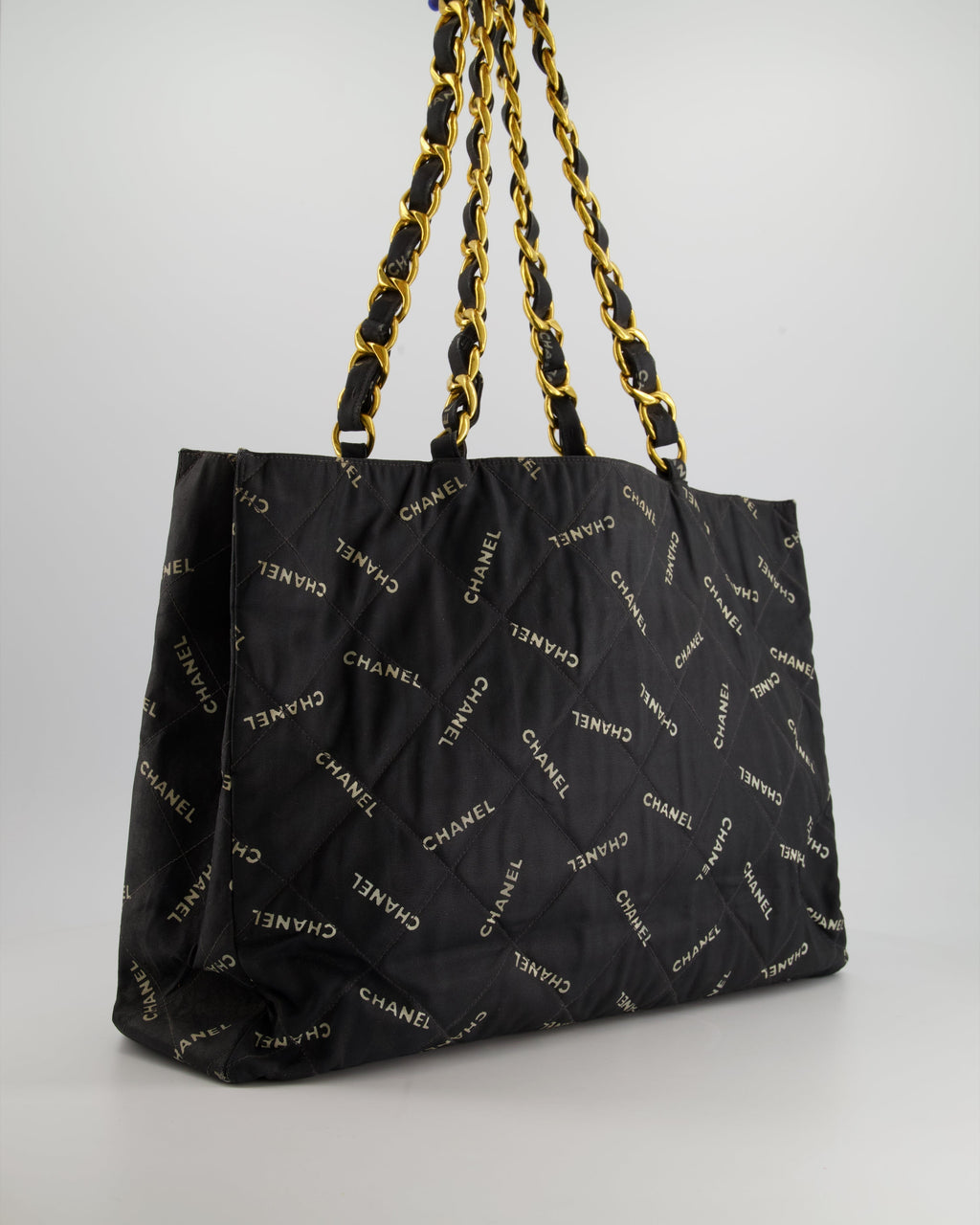 Chanel Vintage Black Bag in Quilted Canvas Logo Print with Gold Hardware