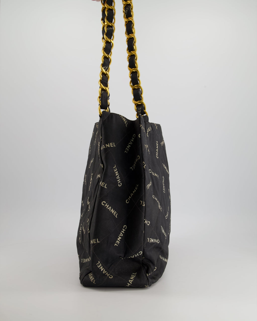 Chanel Vintage Black Bag in Quilted Canvas Logo Print with Gold Hardware