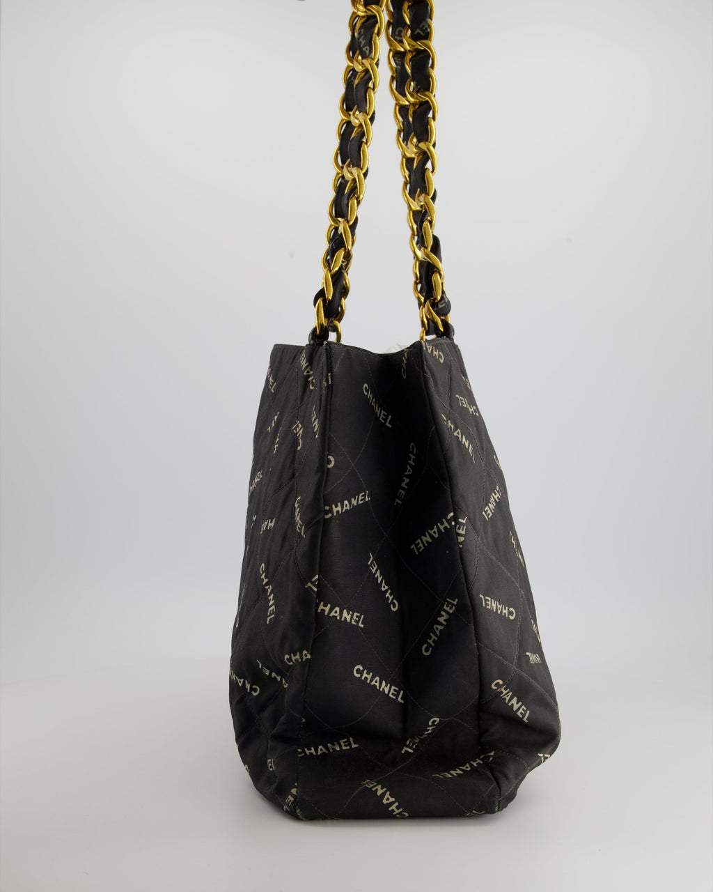 Chanel Vintage Black Bag in Quilted Canvas Logo Print with Gold Hardware
