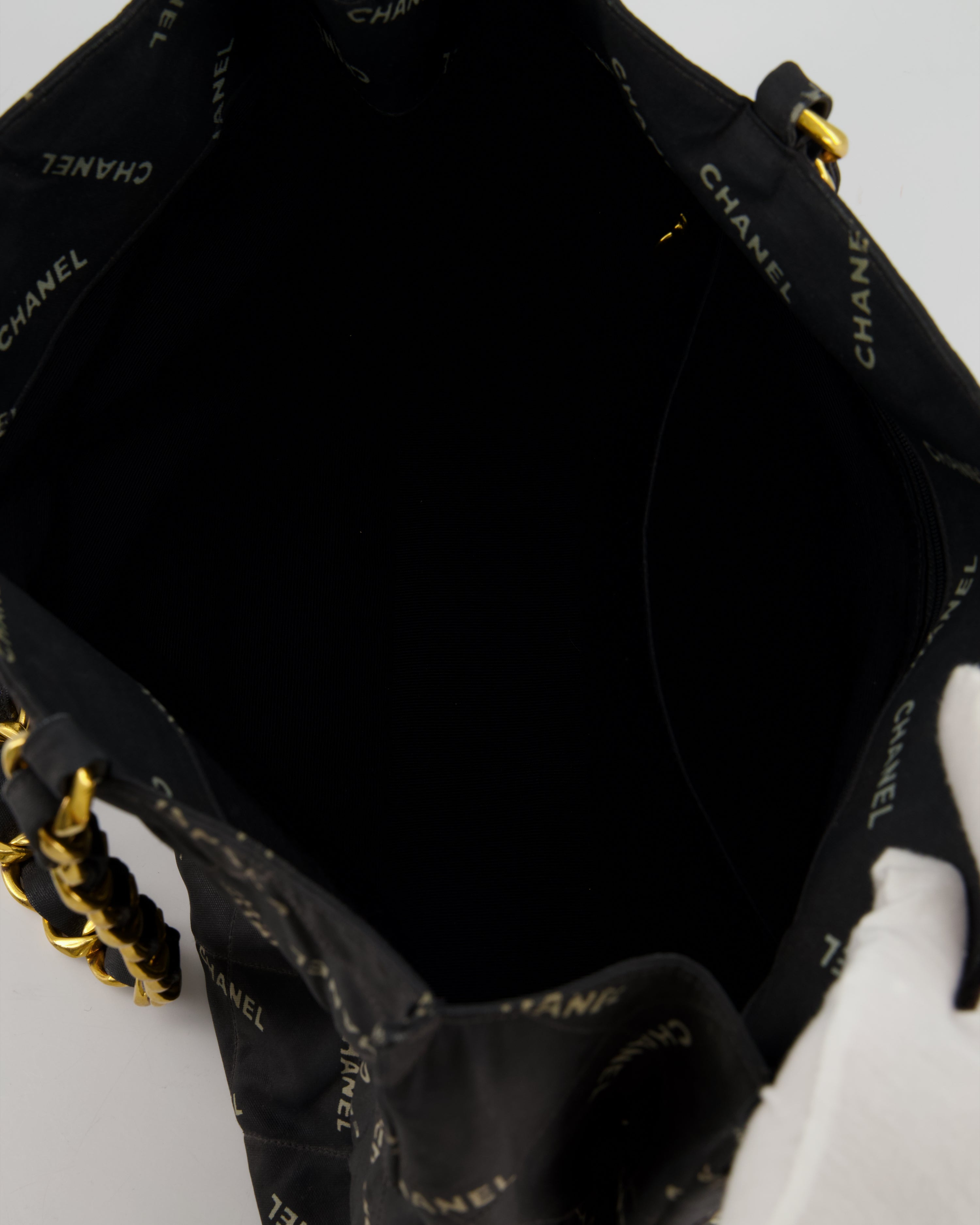 Chanel Vintage Black Bag in Quilted Canvas Logo Print with Gold Hardware