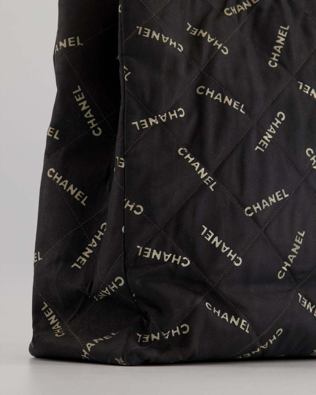 Chanel Vintage Black Bag in Quilted Canvas Logo Print with Gold Hardware