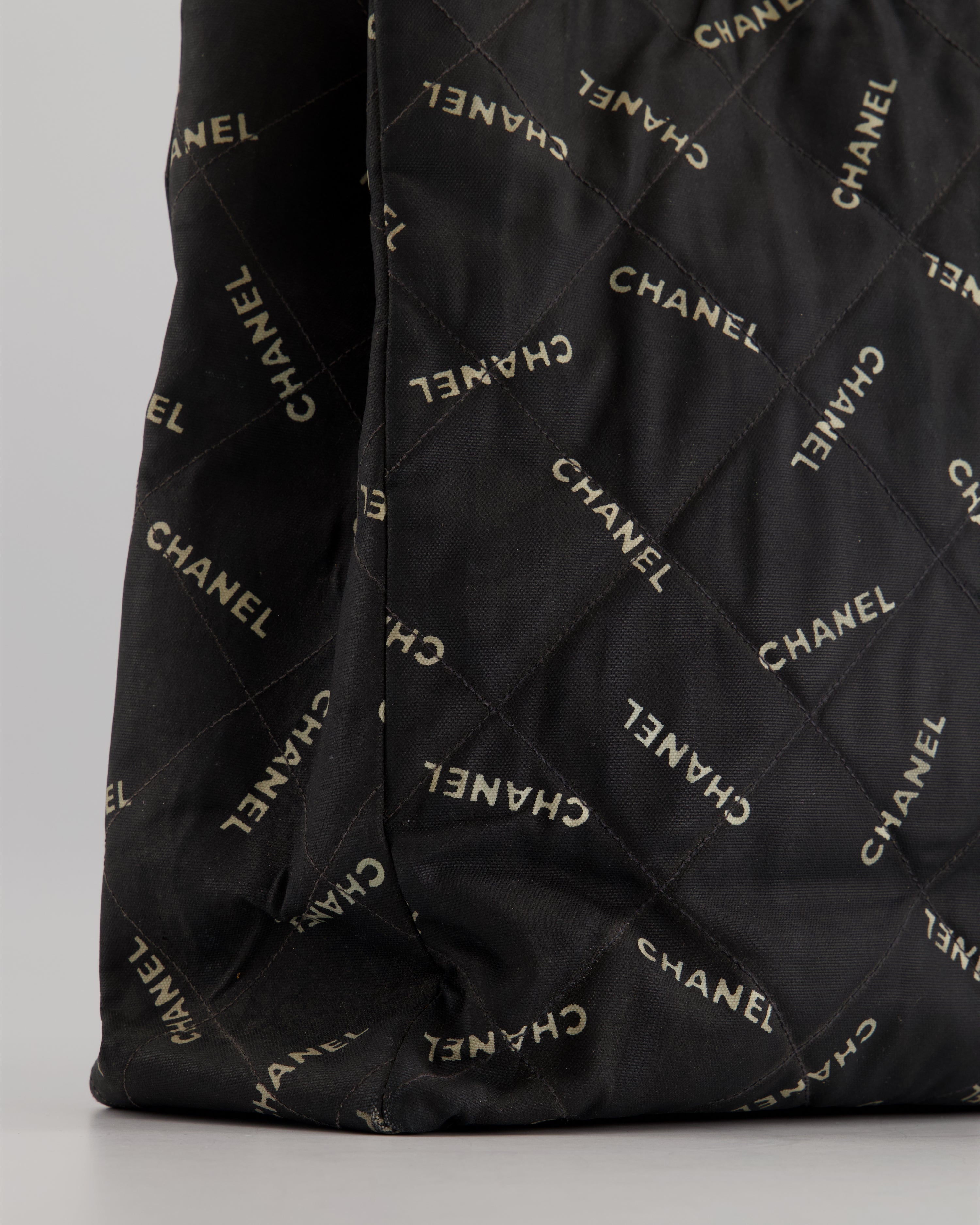 Chanel Vintage Black Bag in Quilted Canvas Logo Print with Gold Hardware