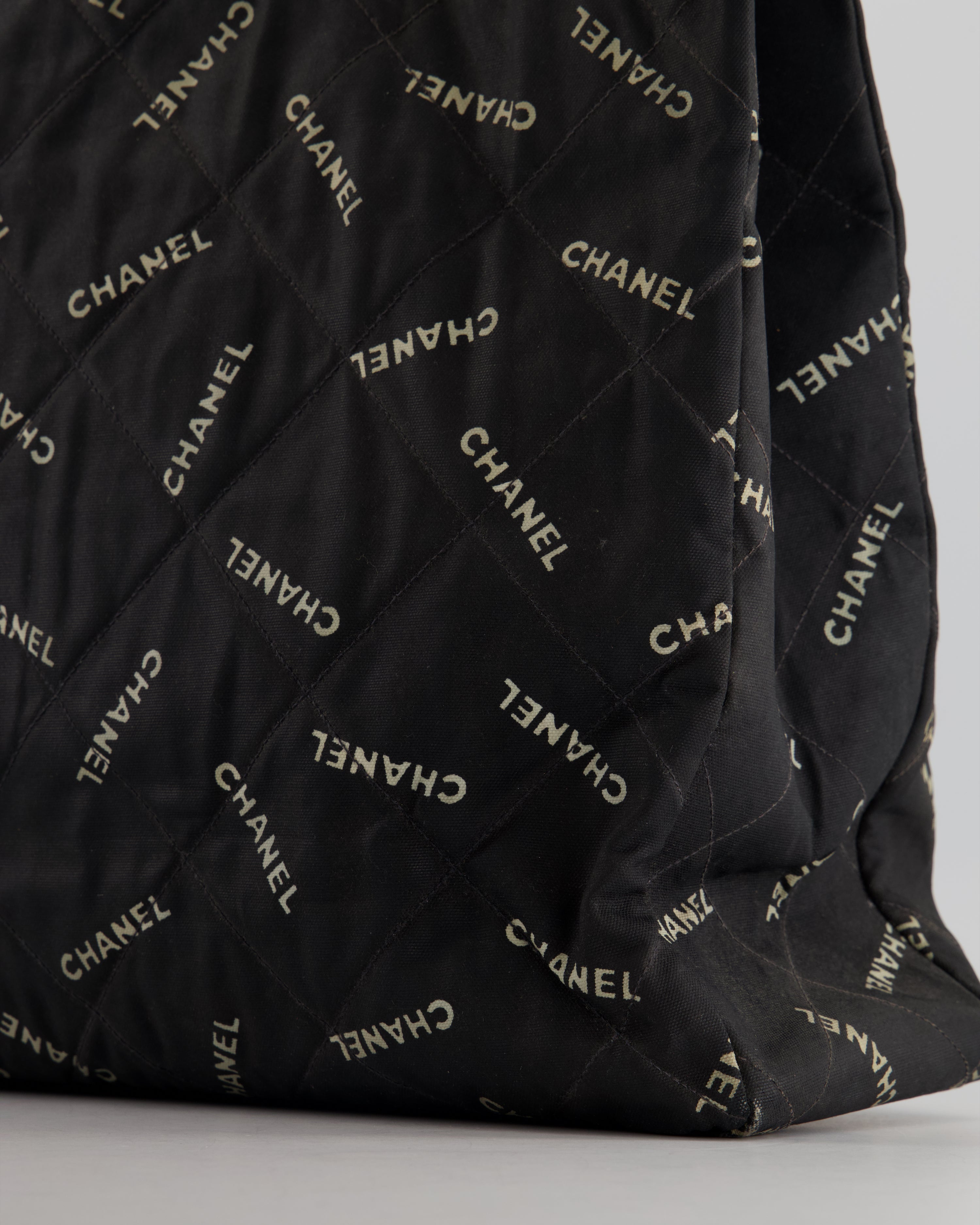 Chanel Vintage Black Bag in Quilted Canvas Logo Print with Gold Hardware