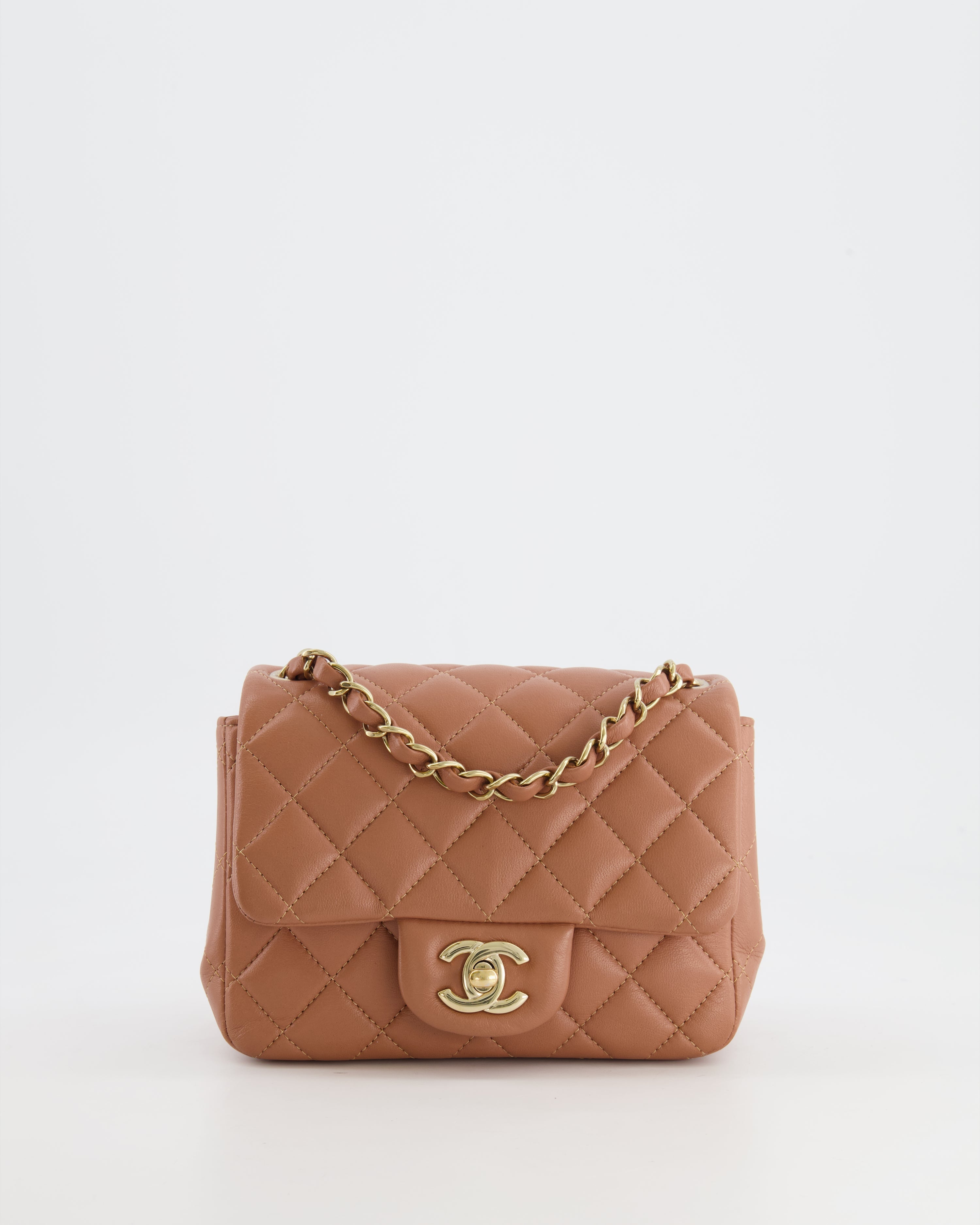 Chanel Caramel Mini Square Bag in Lambskin Leather with Champagne Gold Hardware