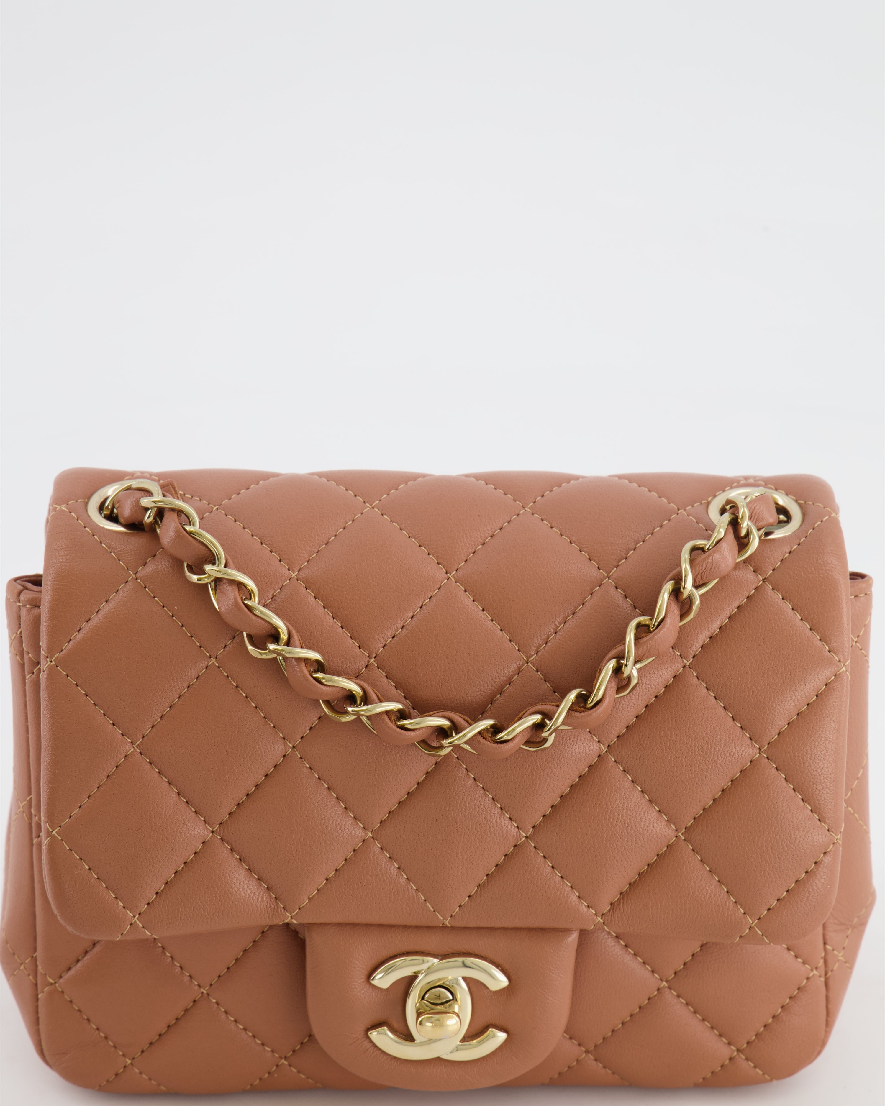 Chanel Caramel Mini Square Bag in Lambskin Leather with Champagne Gold Hardware