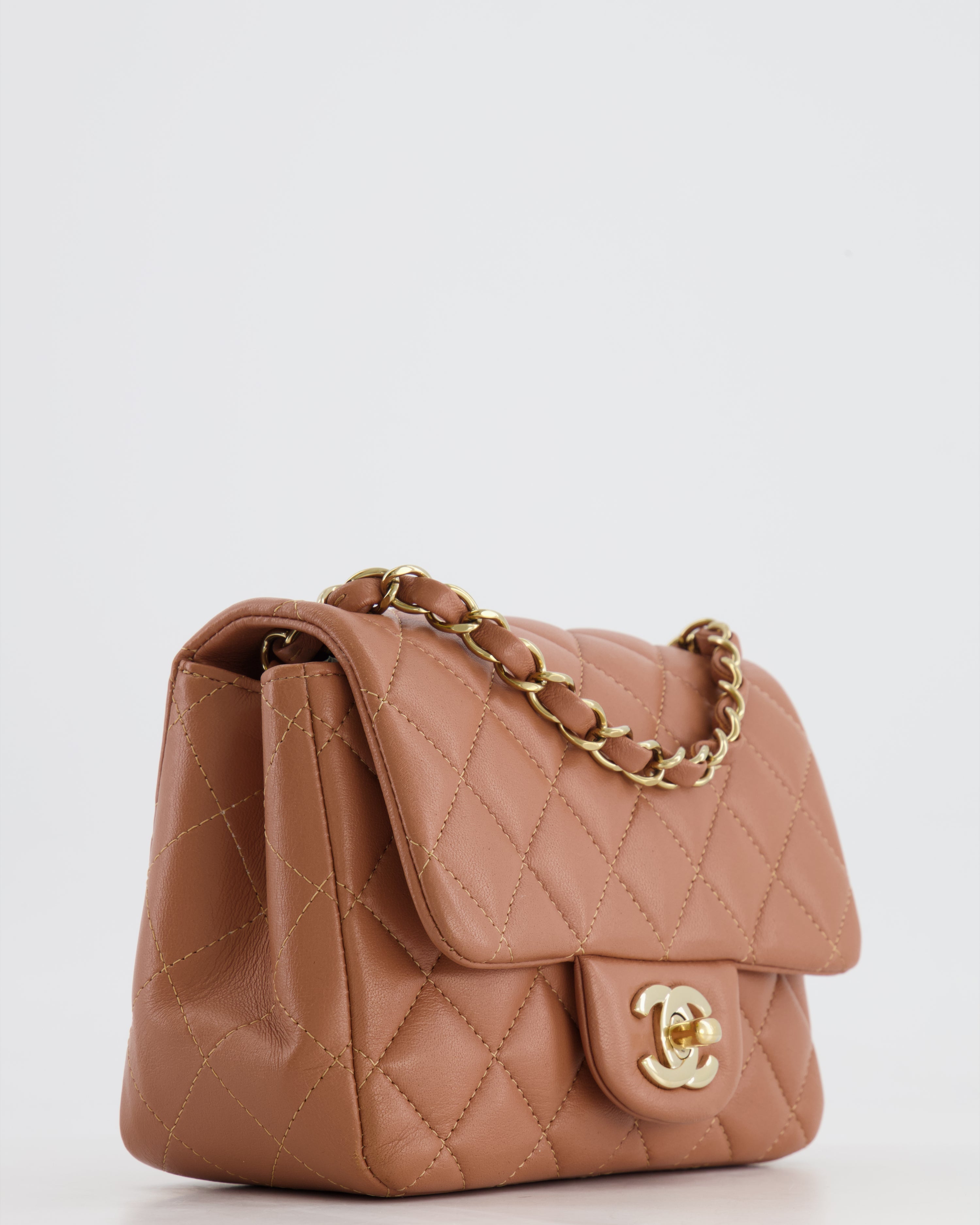 Chanel Caramel Mini Square Bag in Lambskin Leather with Champagne Gold Hardware