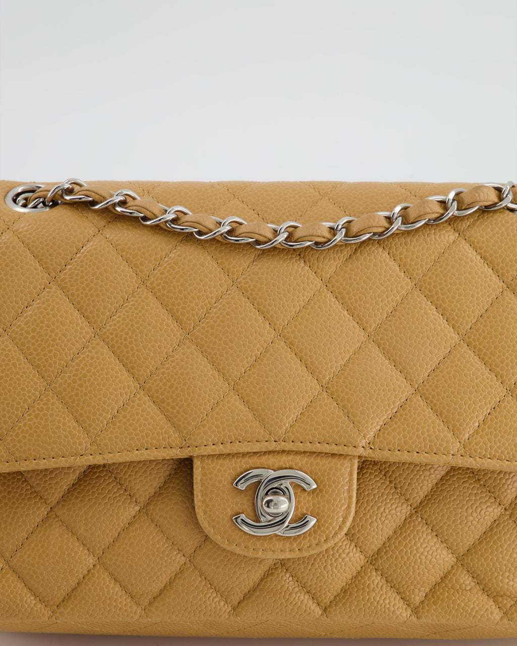 Chanel Chai Latte Medium Classic Double Flap Bag in Caviar with Silver Hardware