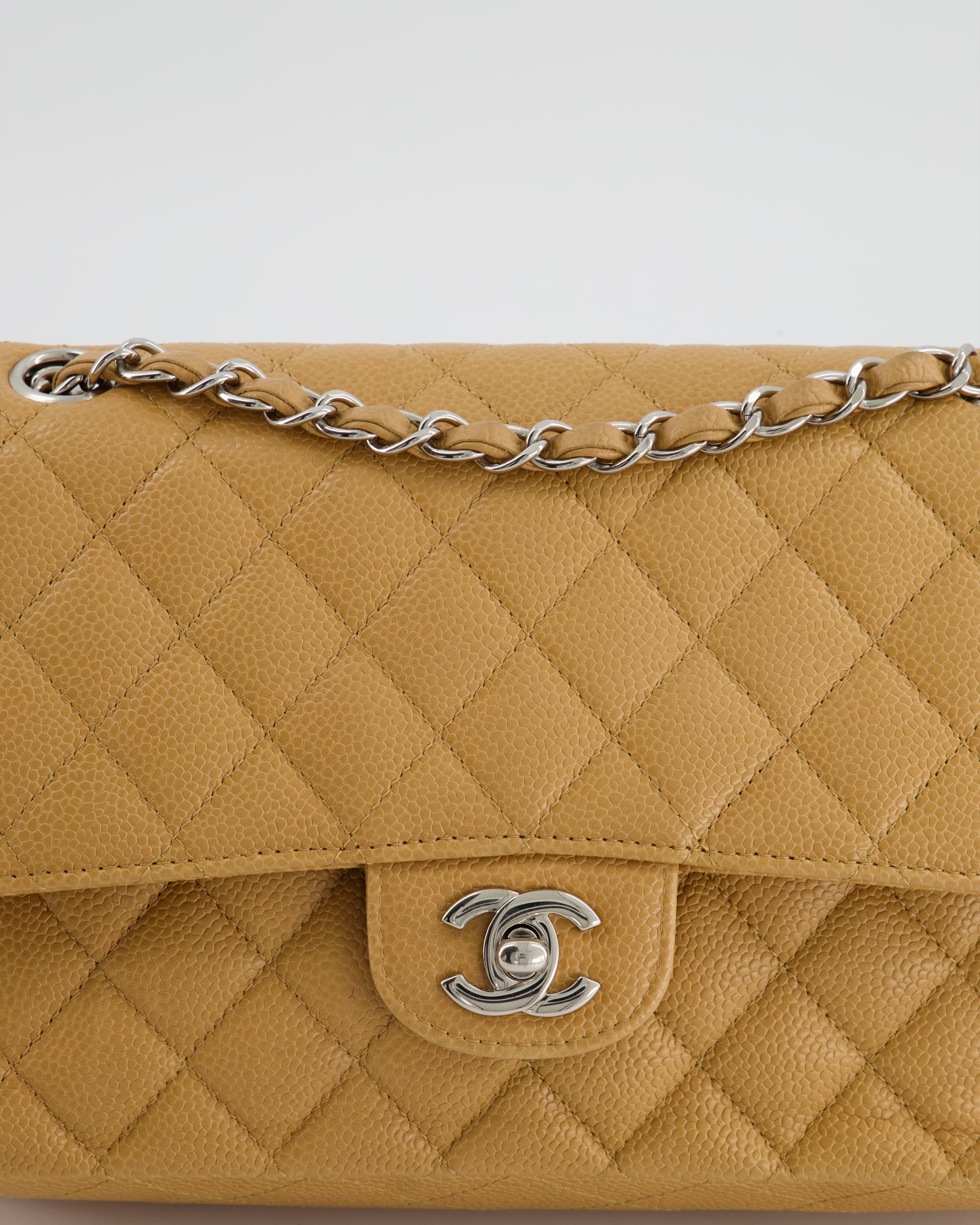 Chanel Chai Latte Medium Classic Double Flap Bag in Caviar with Silver Hardware