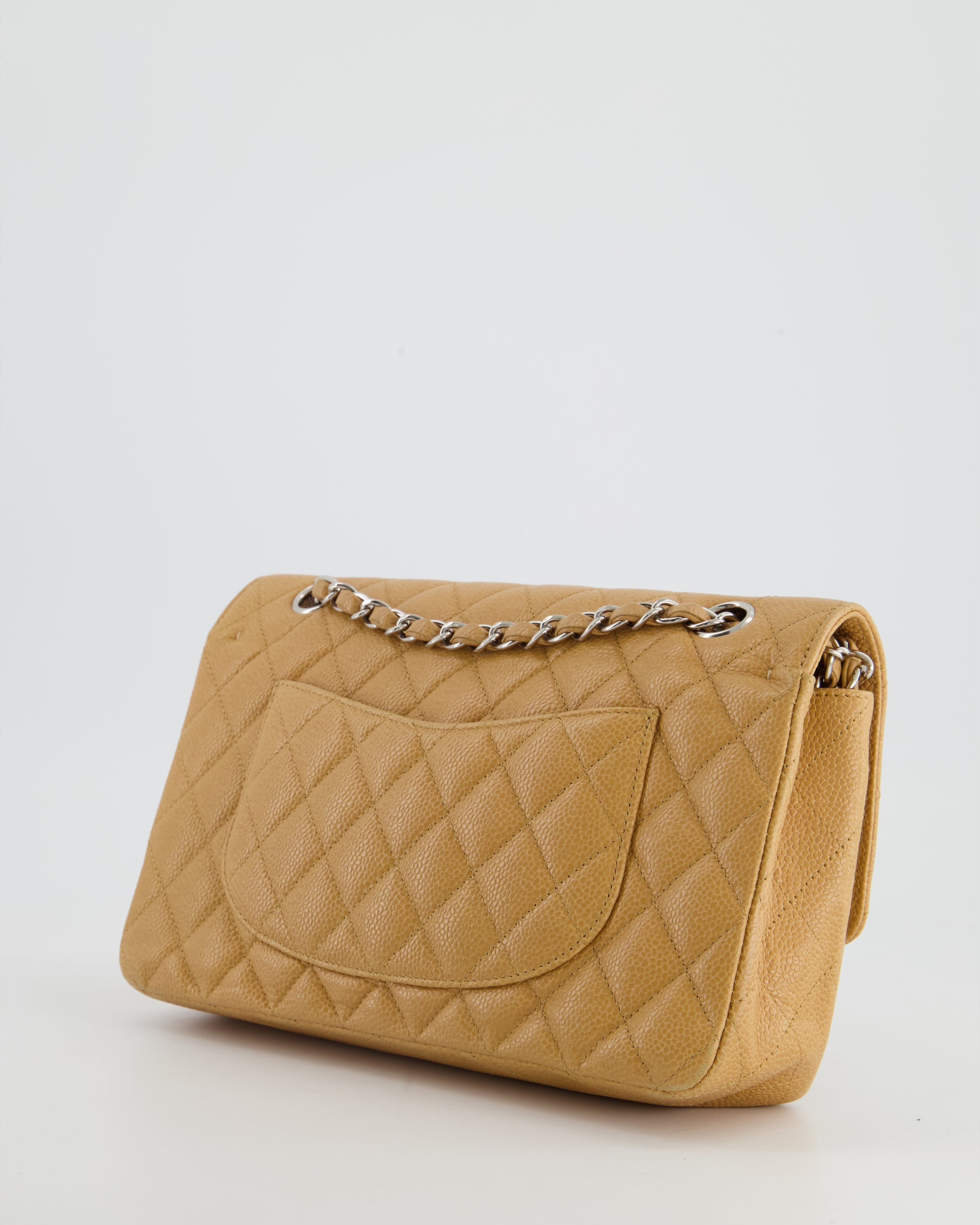 Chanel Chai Latte Medium Classic Double Flap Bag in Caviar with Silver Hardware