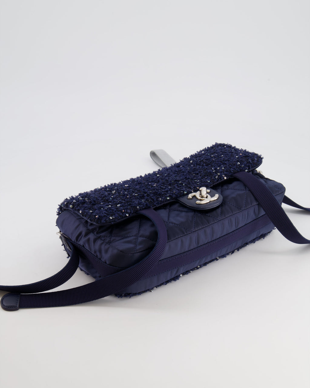 Chanel Navy Sequin Tweed and Nylon Astronaut Flap Bag with Silver Hardware