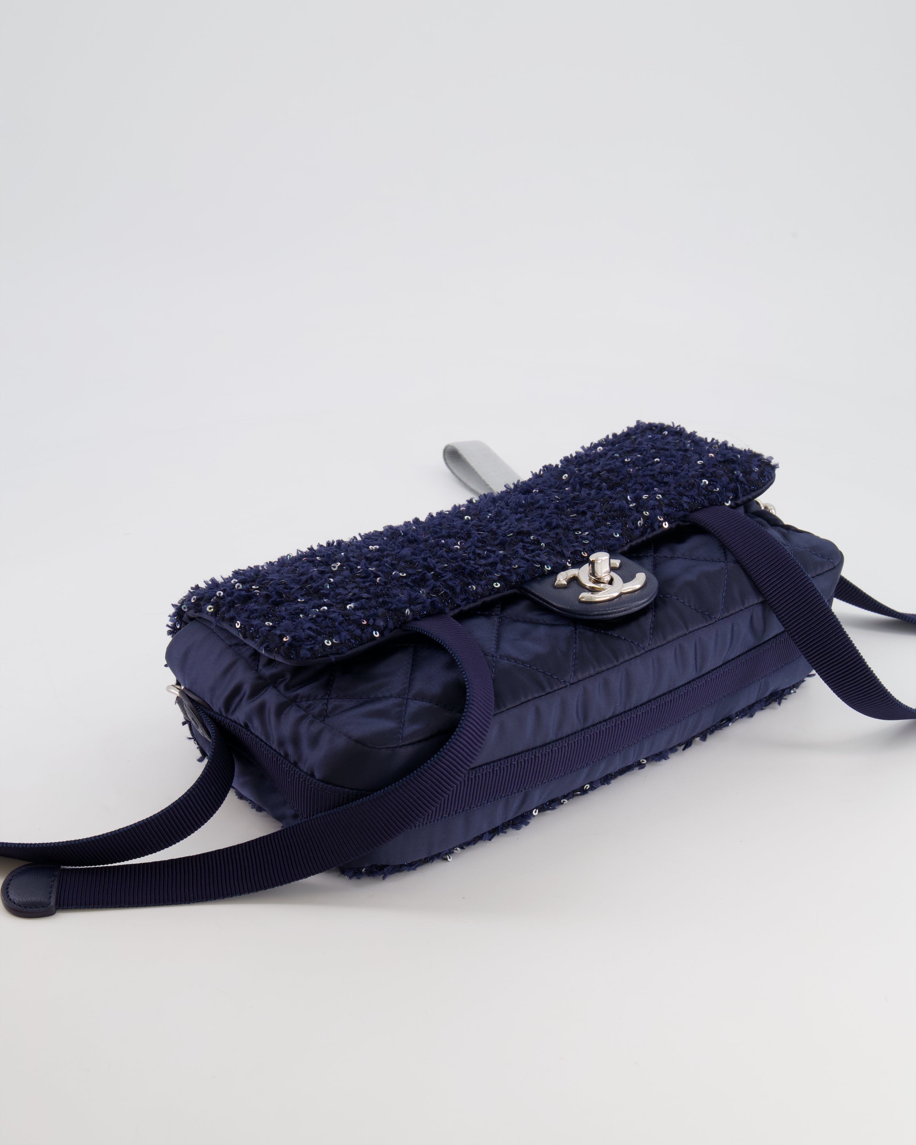 Chanel Navy Sequin Tweed and Nylon Astronaut Flap Bag with Silver Hardware