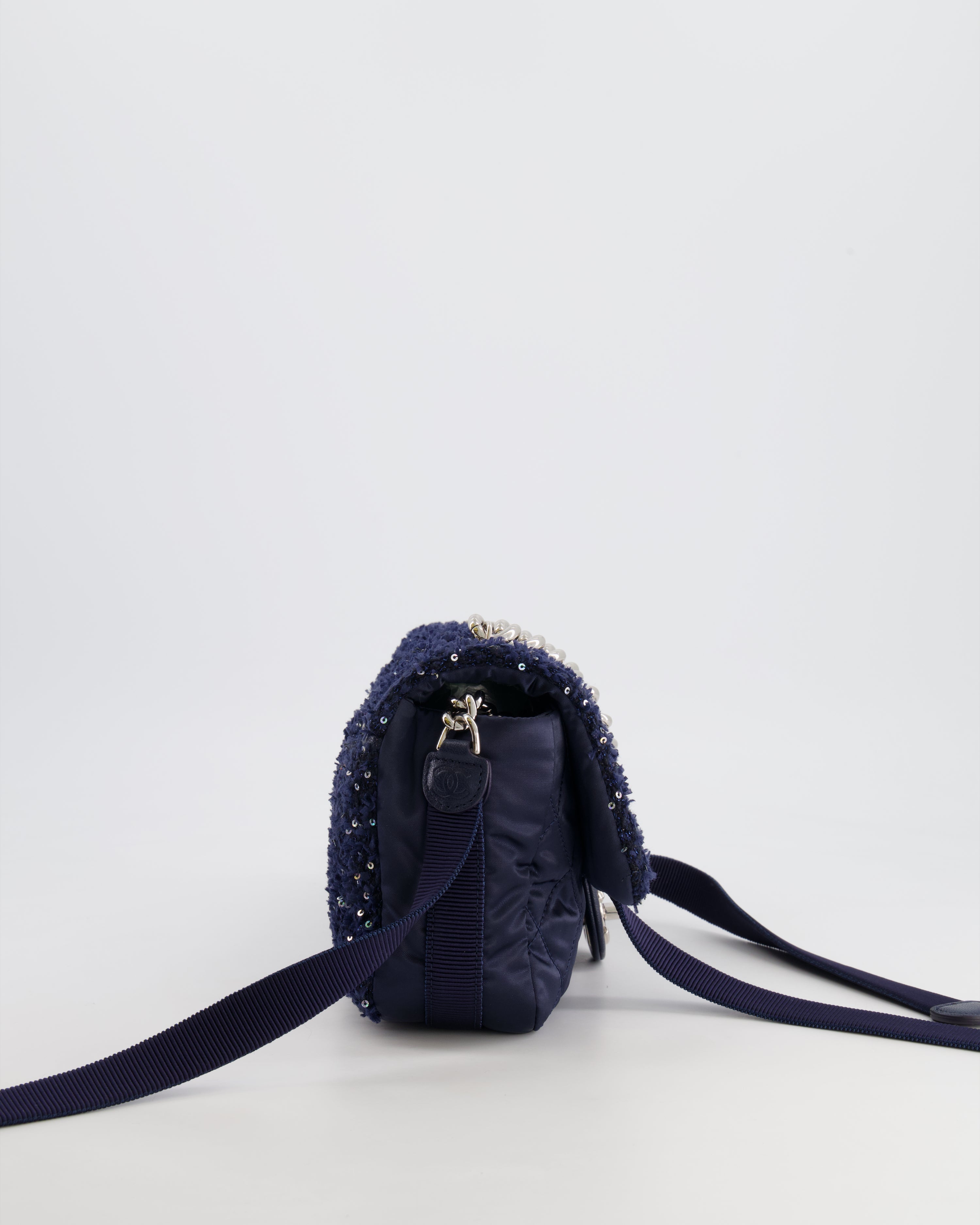 Chanel Navy Sequin Tweed and Nylon Astronaut Flap Bag with Silver Hardware
