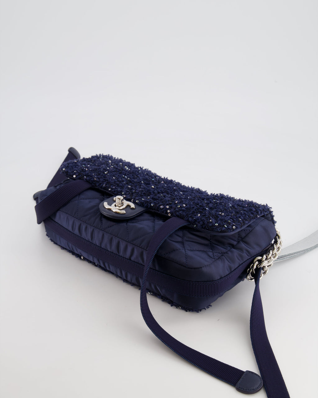 Chanel Navy Sequin Tweed and Nylon Astronaut Flap Bag with Silver Hardware