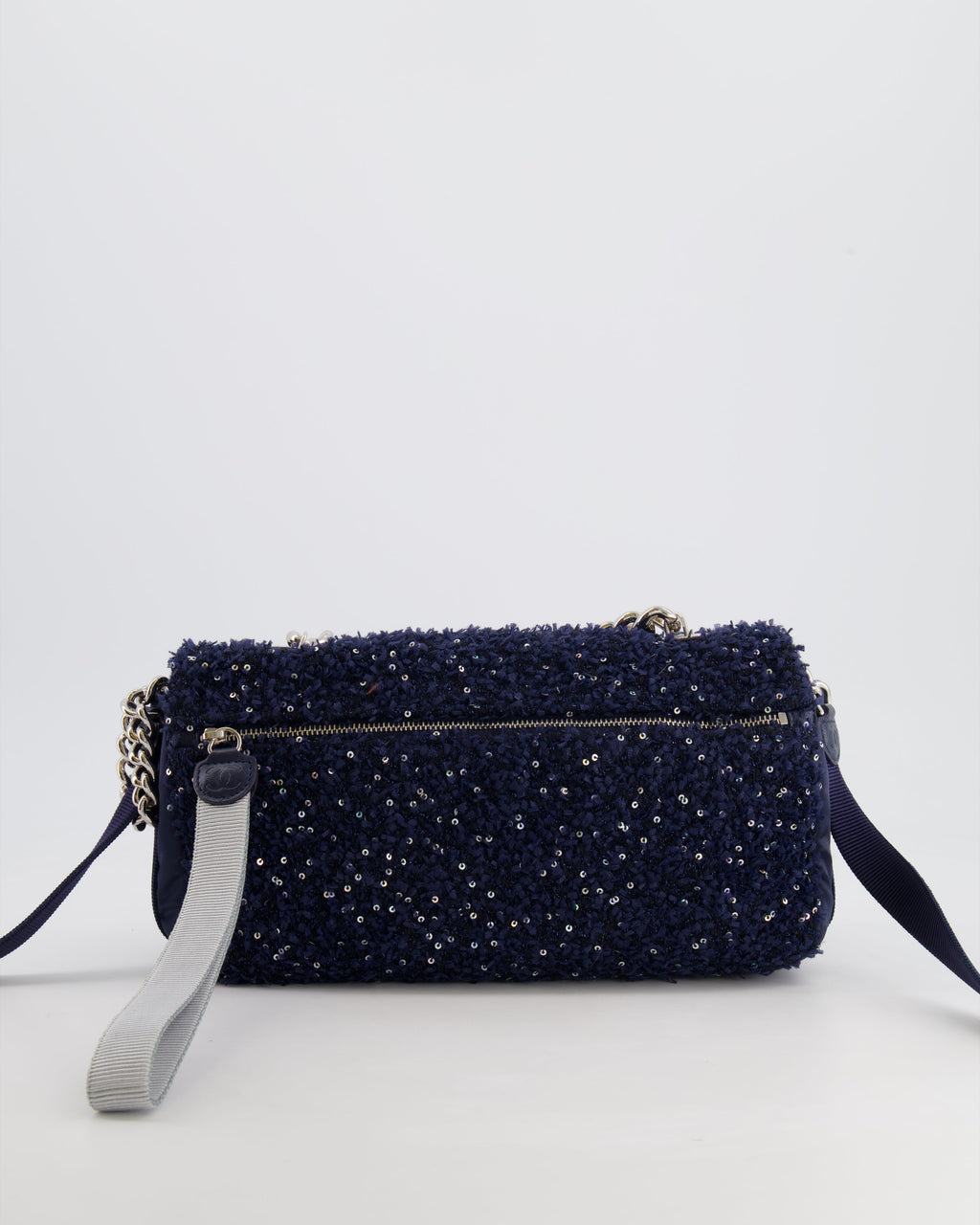 Chanel Navy Sequin Tweed and Nylon Astronaut Flap Bag with Silver Hardware