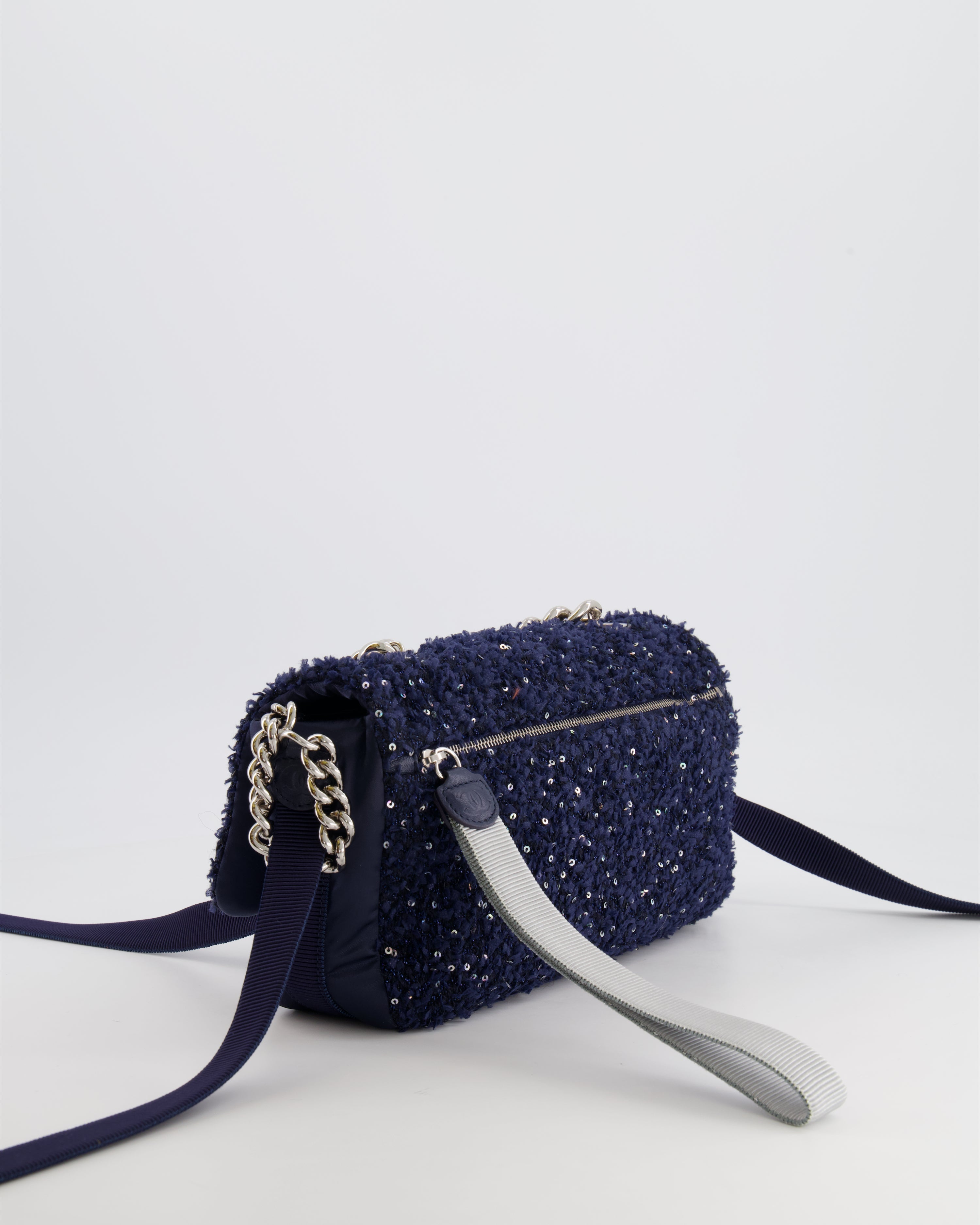 Chanel Navy Sequin Tweed and Nylon Astronaut Flap Bag with Silver Hardware