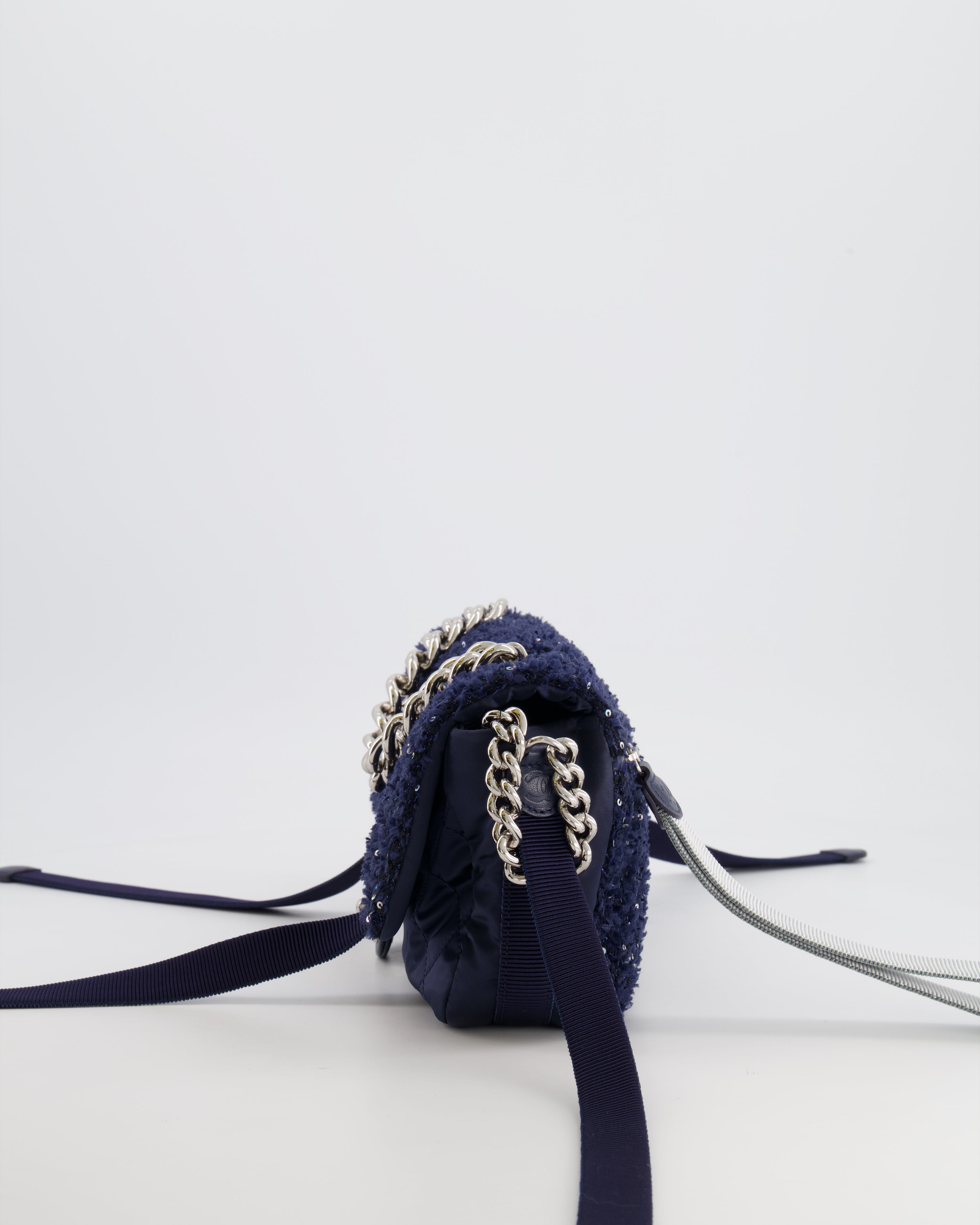 Chanel Navy Sequin Tweed and Nylon Astronaut Flap Bag with Silver Hardware