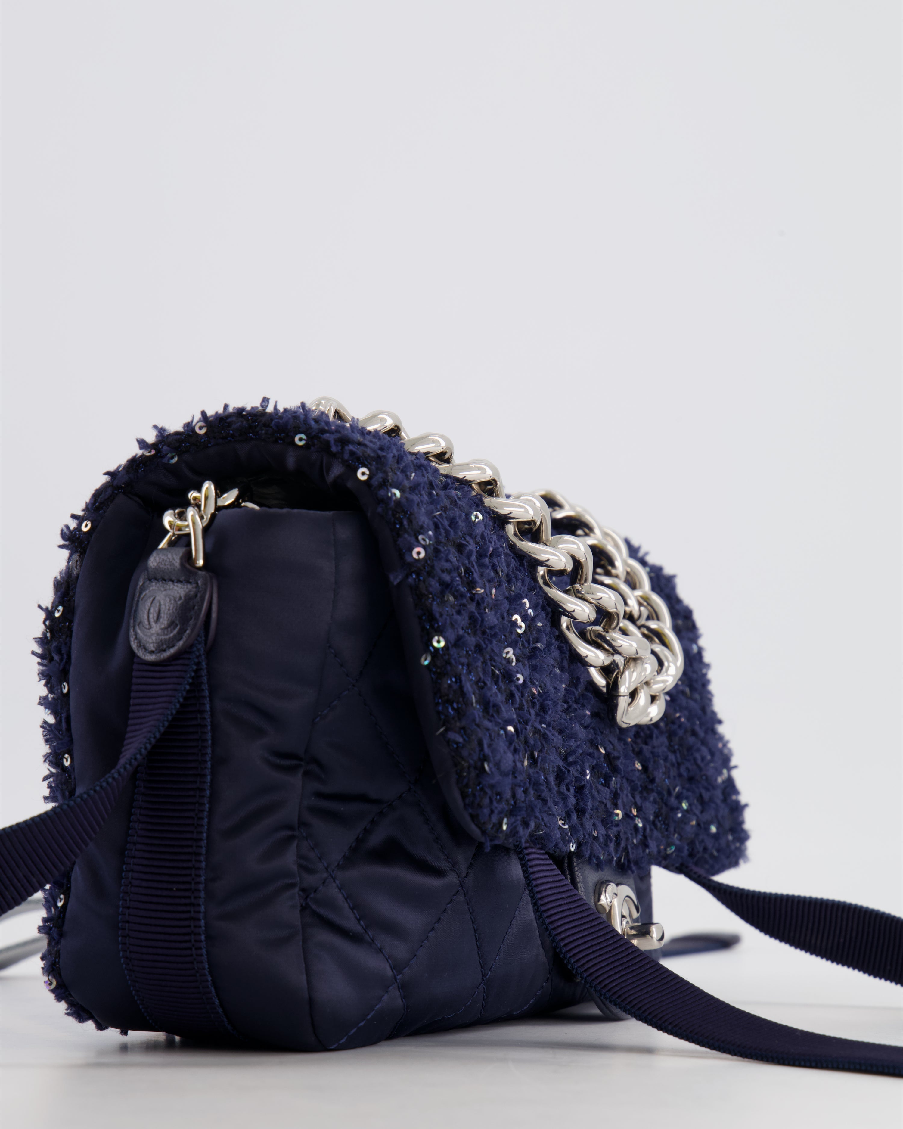 Chanel Navy Sequin Tweed and Nylon Astronaut Flap Bag with Silver Hardware