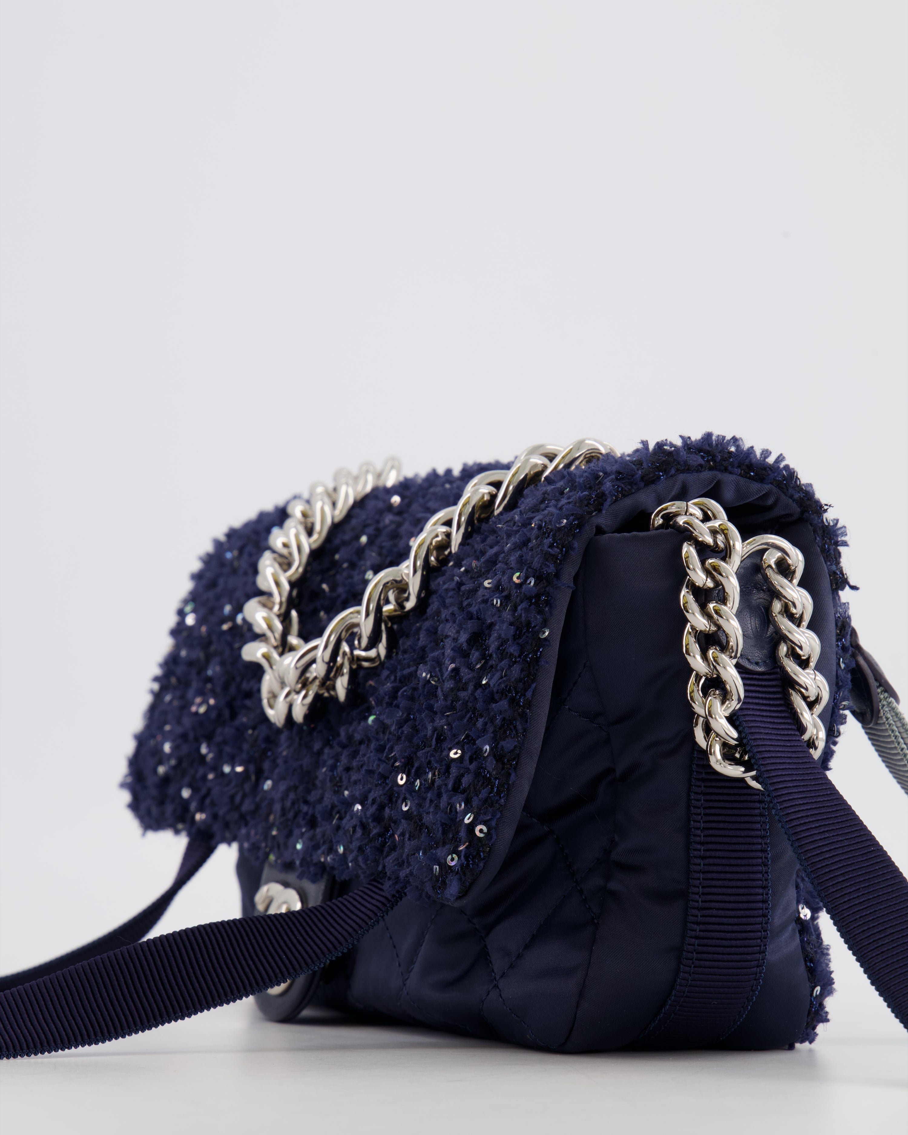 Chanel Navy Sequin Tweed and Nylon Astronaut Flap Bag with Silver Hardware
