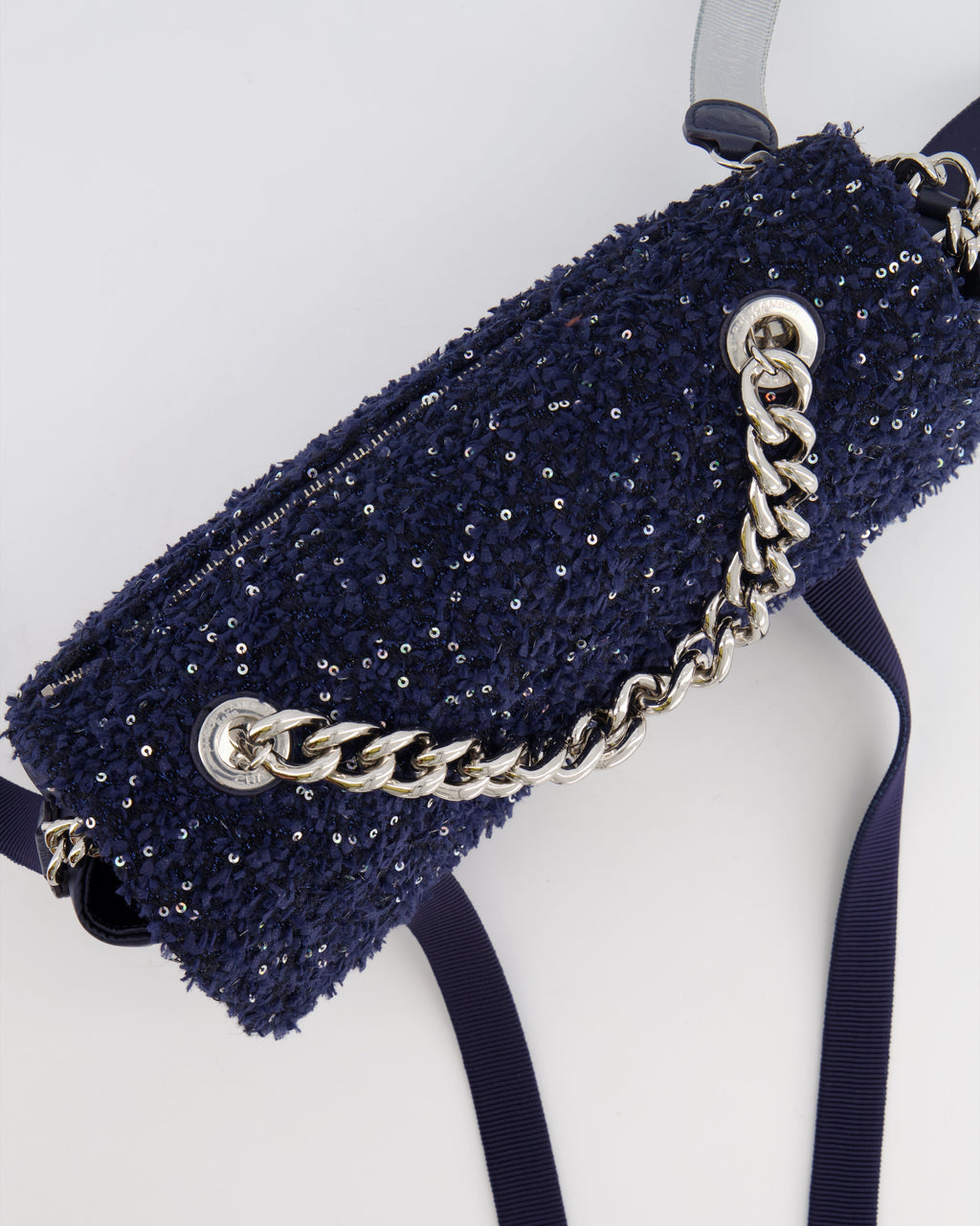Chanel Navy Sequin Tweed and Nylon Astronaut Flap Bag with Silver Hardware