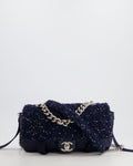 Chanel Navy Sequin Tweed and Nylon Astronaut Flap Bag with Silver Hardware