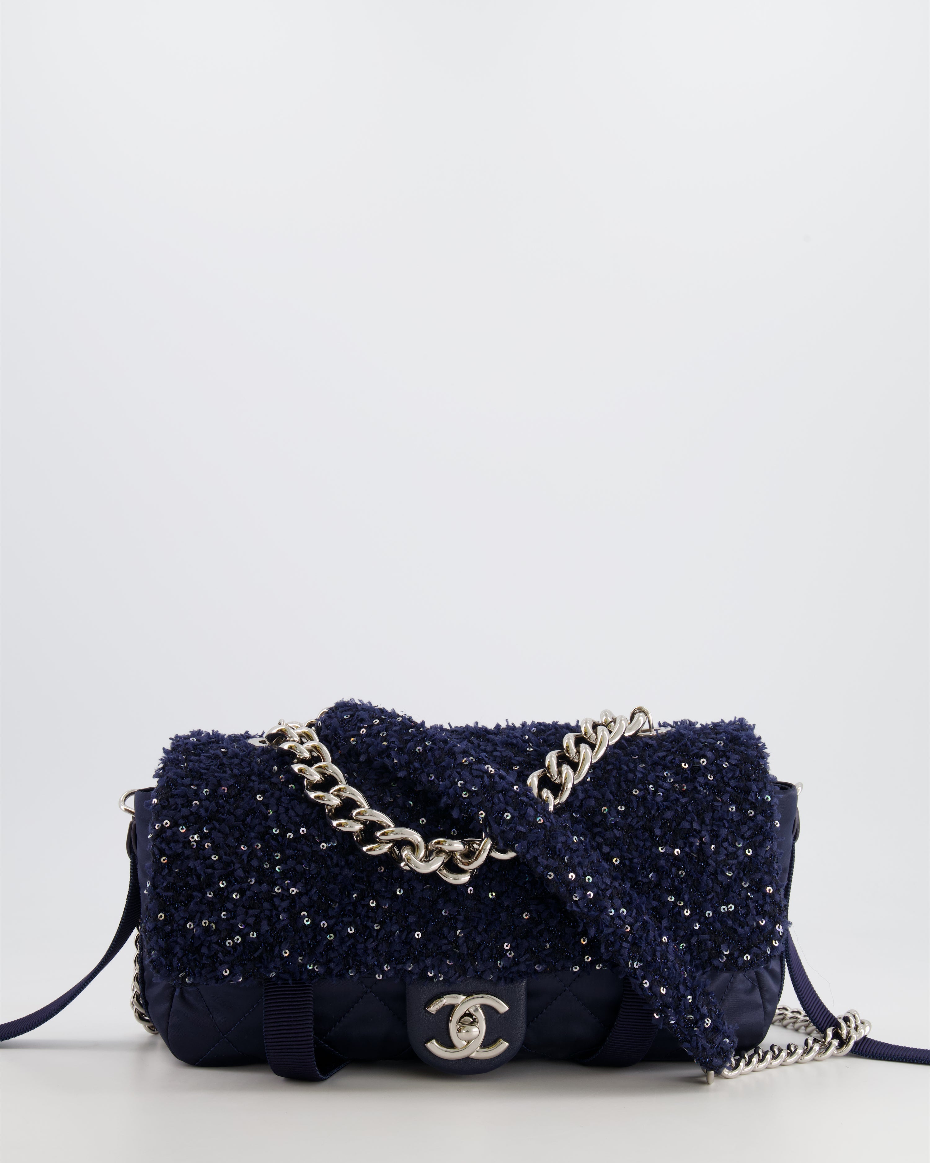 Chanel Navy Sequin Tweed and Nylon Astronaut Flap Bag with Silver Hardware